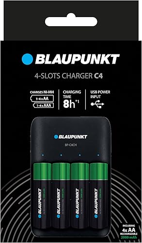 Blaupunkt Standard USB charger for 1-4 AA/AAA Rechargeable Batteries, 8-10 h charging time, 4 Blaupunkt AA Batteries Included (2000 mAh)