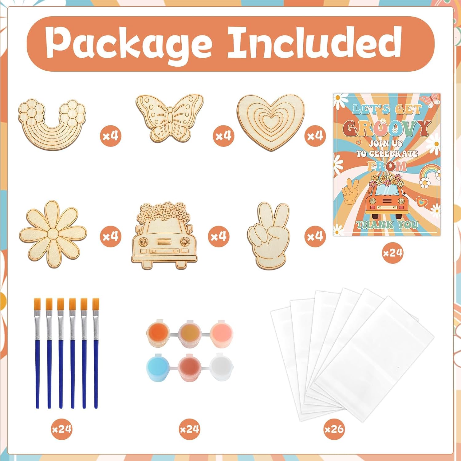 Bornerwhite 24 Pcs Groovy Party Favors Hippie Craft Kits Birthday Decorations Supplies Wooden Painting Kit for Kids Boys Girls Party Supplies Gifts Classroom School Prizes Rewards