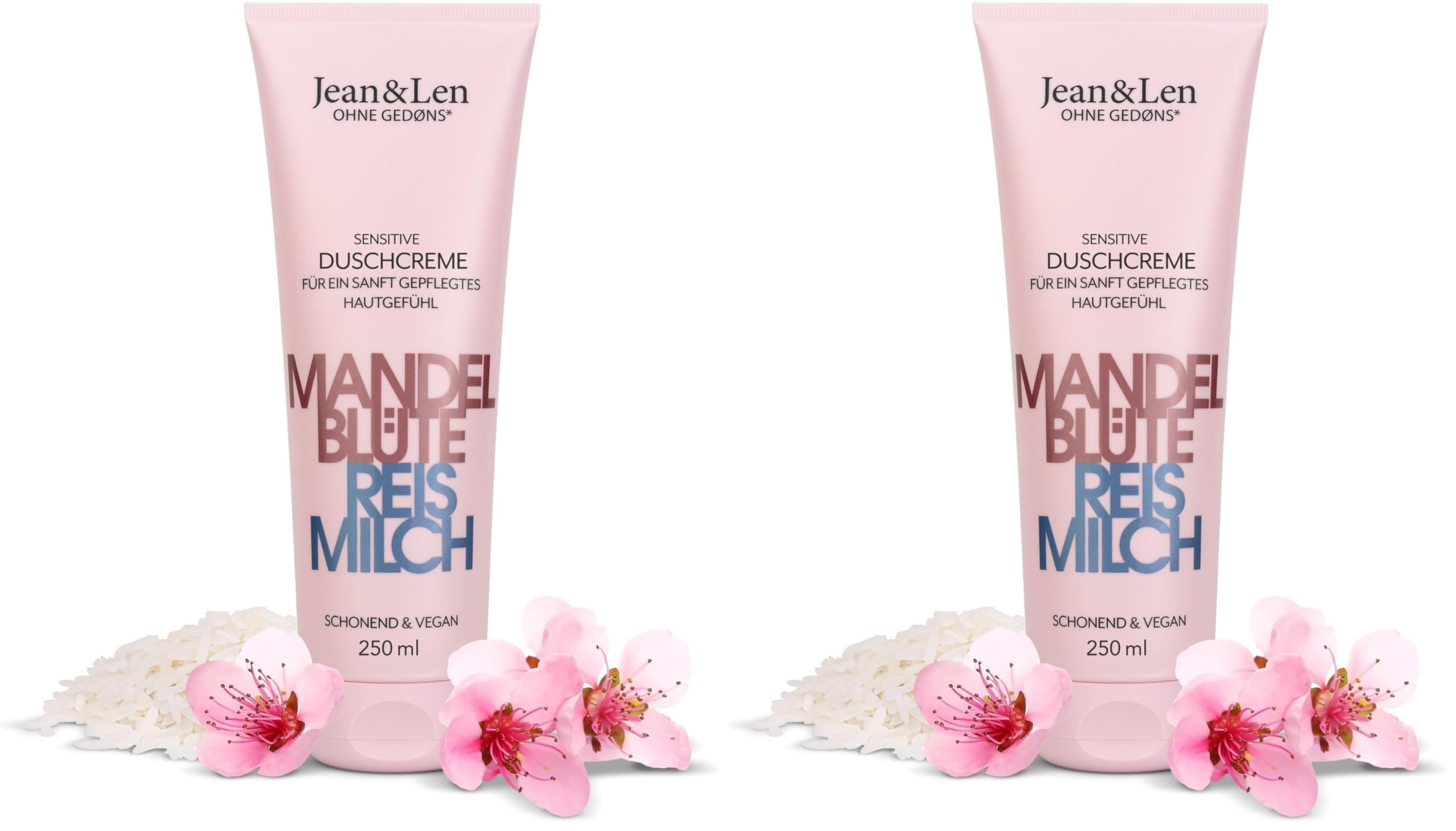 Jean & Len Sanfte Duschcreme Mandelblüte & Reismilch, für trockene & empfindliche Haut, zart-süßer Duft, ohne Parabene & Silikone, veganes Duschgel, 250 ml (Packung mit 2)