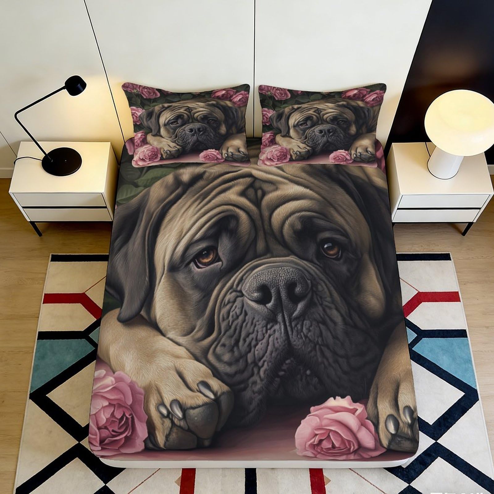 3D Printed realistic dog Fitted Sheet, soft touch Microfiber, wrinkle resistant, home decor piece, guest room bedding, washable bed cover 90x200x25cm