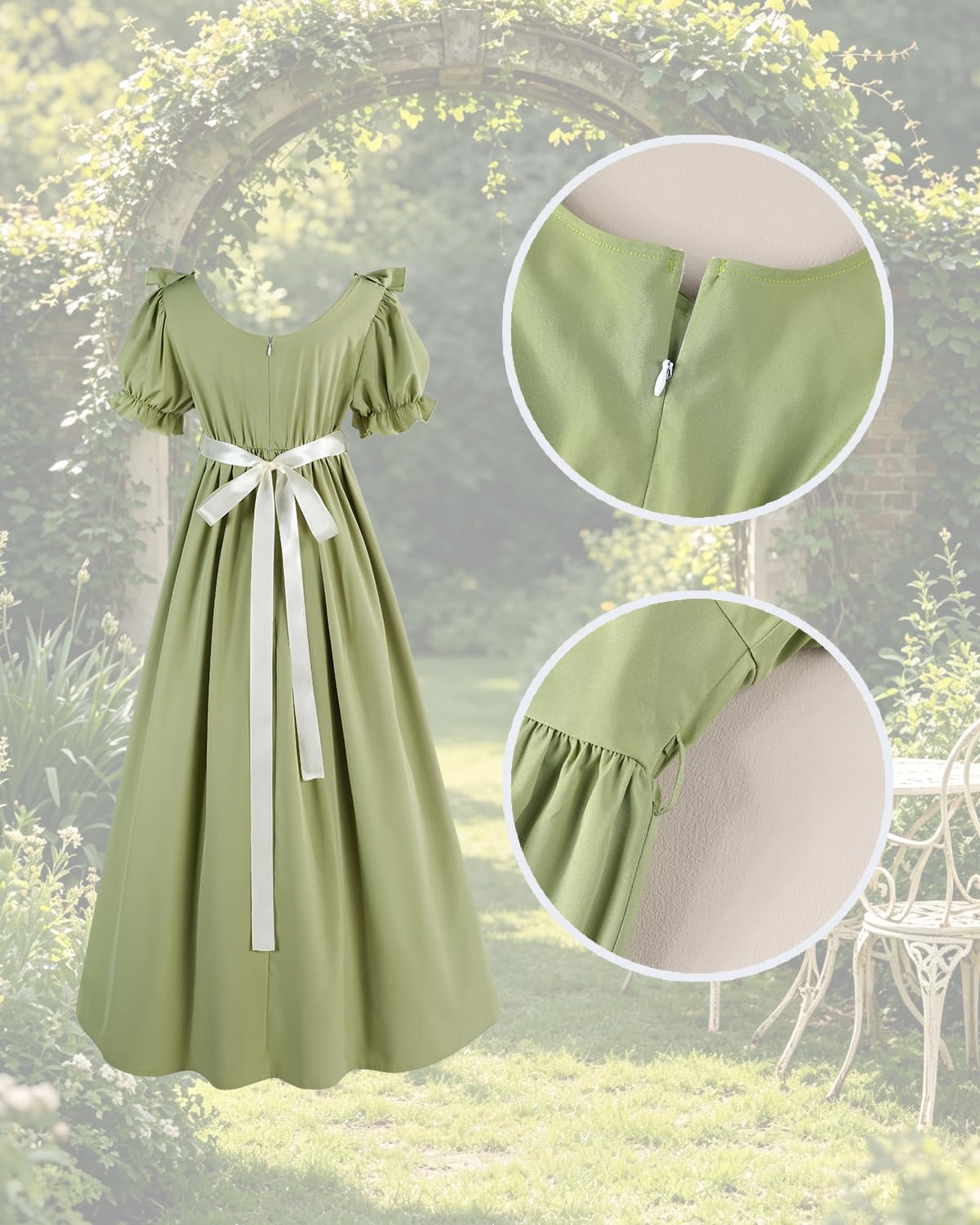 CR ROLECOS Regency - Abito da donna a vita impero, lungo, stile vittoriano, con maniche a sbuffo, guanti, colore verde