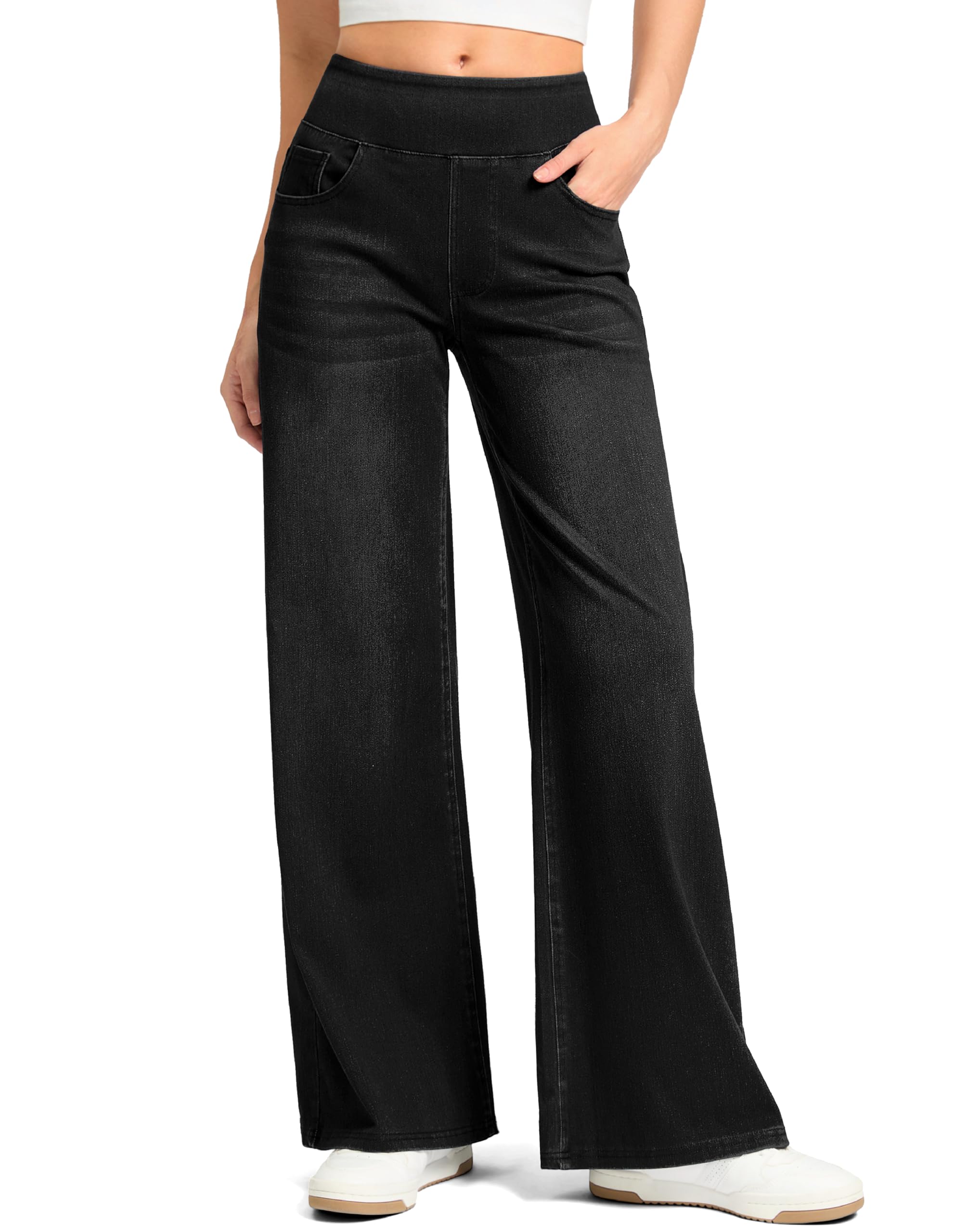 Wide Leg Jeans Woman High Waisted Pull On Stretchy Denim Pants