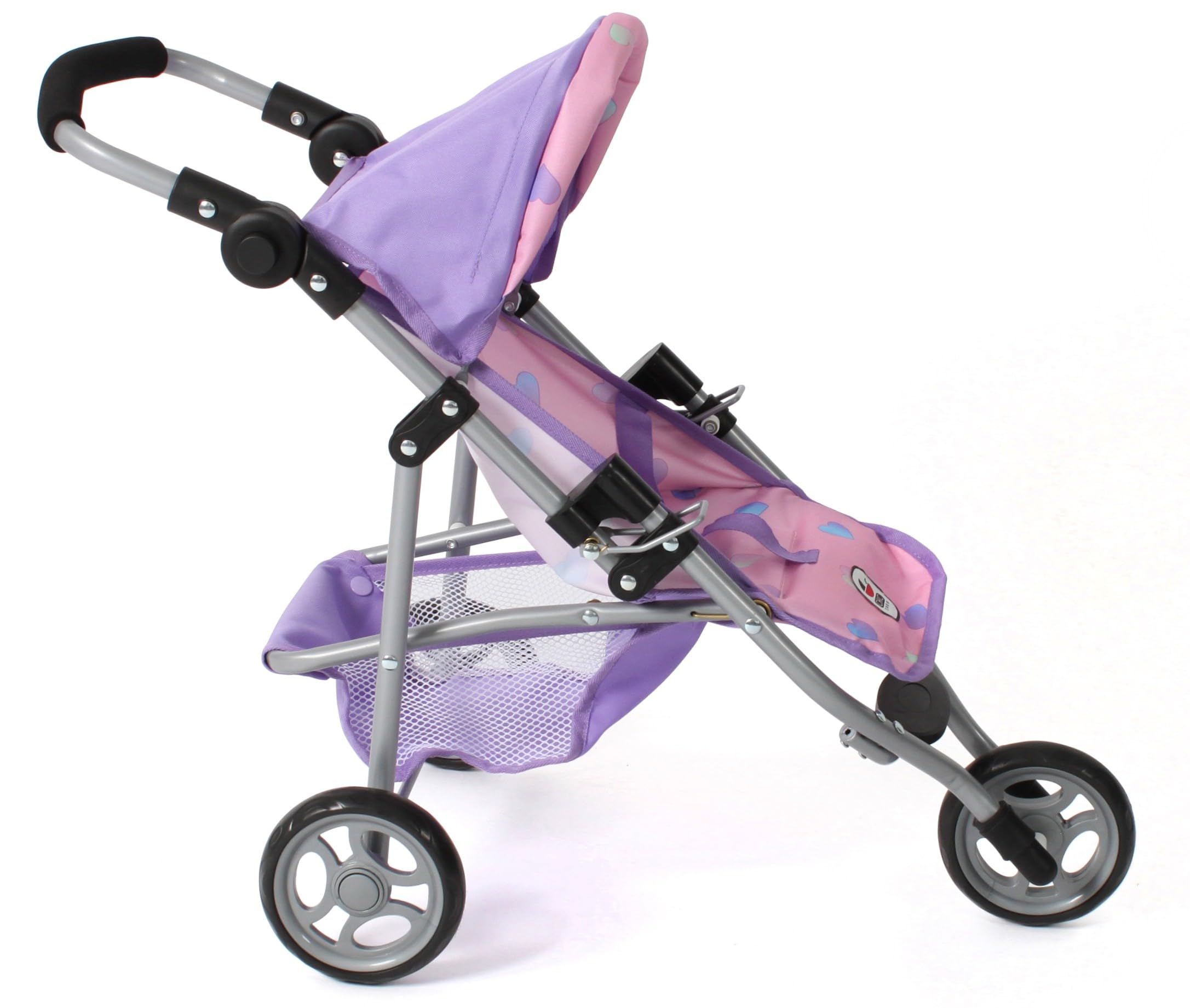 Bayer Chic 2000 Puppenjogger Lola | Sportlicher 3-Rad Buggy Herzchen Lila | Sportlicher 3-Rad-Puppenjogger mit Sonnendach für Puppen bis 50 cm. Herzchen lila, wendig & robust. Zauberhaftes Design.