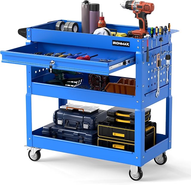 Goplus 3 Tier Rolling Tool Cart with Lockable Drawer, Heavy Duty Metal Utility Cart on Wheels with Pegboards & Hooks, Mechanic Tool Storage Organizer for Garage, Warehouse & Workshop (Blue)