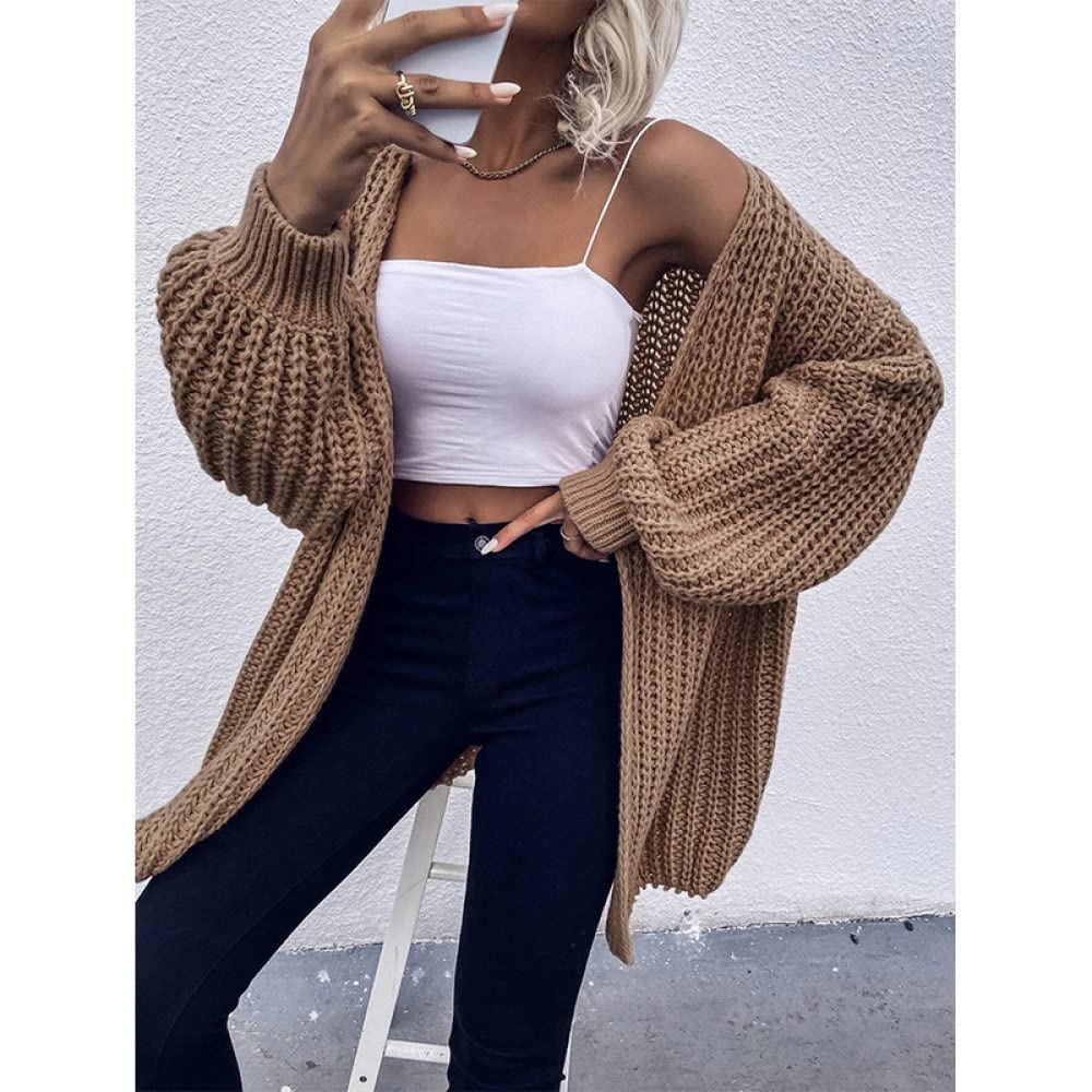Cardigan Damen,Damen-Strickjacke, Braun, Einfarbig, Grob, Gehäkelt, Mittellang, Gestrickter Mantel, Weicher Frühling Und Herbst, Warme Strickjacke, Langarm, Offener Pullover, Lässige Outing-Outwear