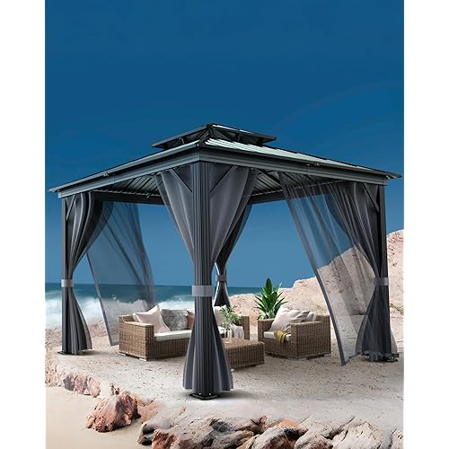 Outdoor Gazebo 8x8 Hardtop, Aluminum Frame Permanent Pavilion with Double Roof, Mosquito Netting & Privacy Curtains for Patio, Garden, Deck, Lawn and Backyard Parties