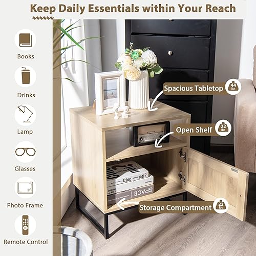 Miniatura 9 de Tangkula Mesa auxiliar de ratán, mesa auxiliar de sofá interior con estante y gabinete de puerta de ratán, base de acero, acabado de madera, mesita