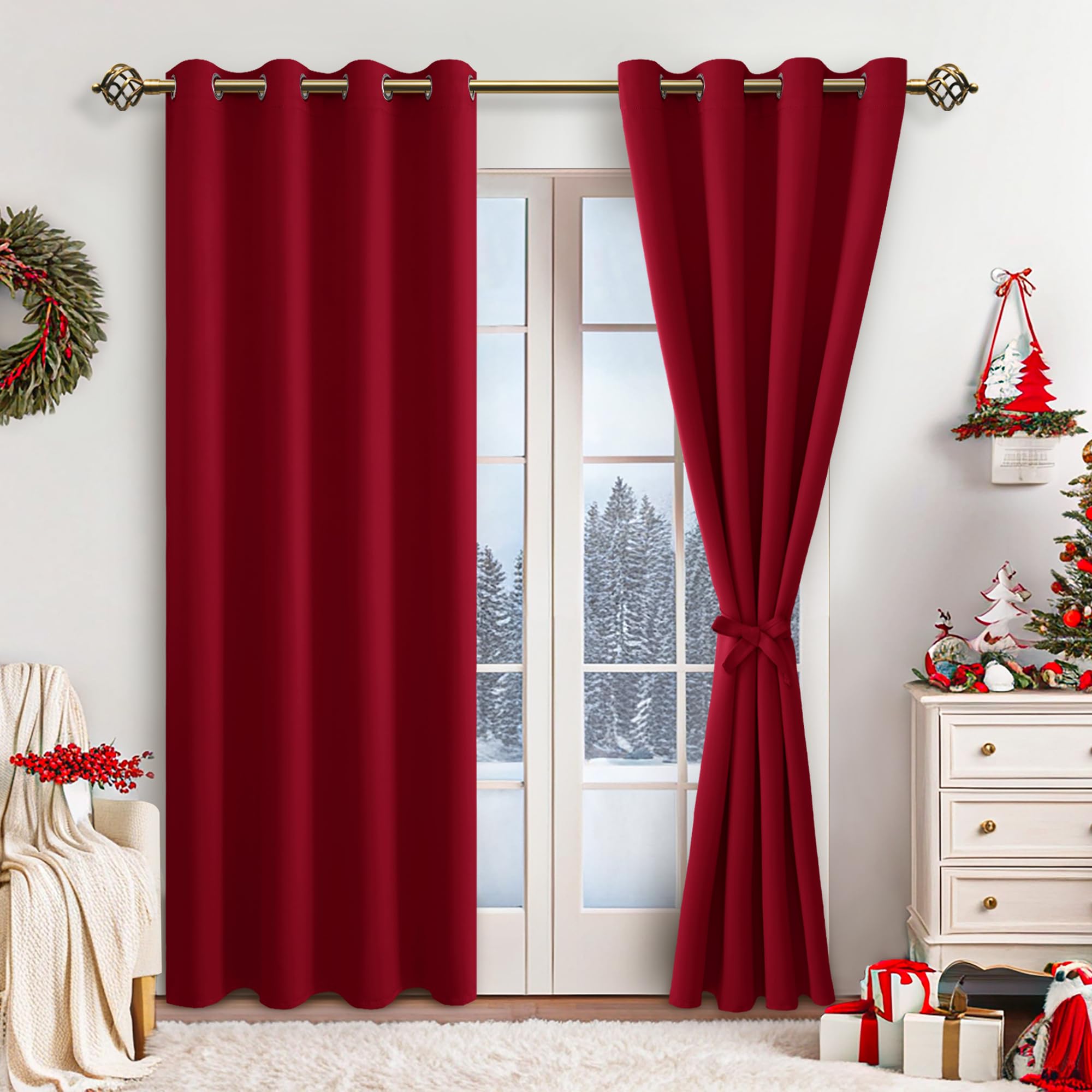 JIUZHEN Gardinen Blickdicht Weihnachtsvorhänge Vorhänge Wohnzimmer mit Vorhang-Krawatten Verdunkelungsvorhang Wärmeisolierende Thermovorhang für Weihnachten, Rot, 2 Stück, 215x140cm(HxB)
