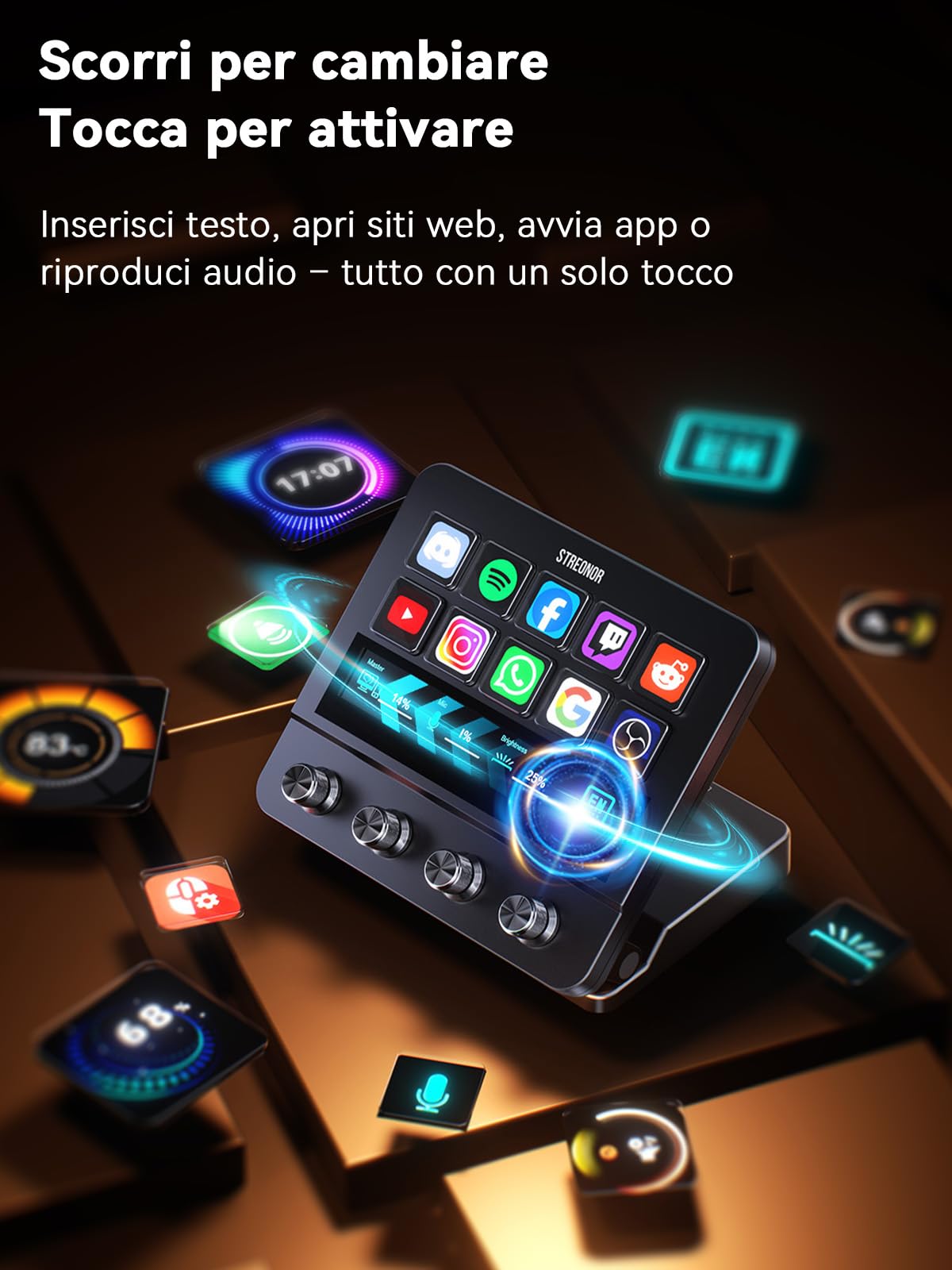STREONOR Stream Control Deck Pro S10 con 10 tasti Touch Bar 4 manopole | Stream Controller per OBS, Twitch, Discord, ecc., ideale per streaming, editing video e gaming, compatibile Mac/Windows