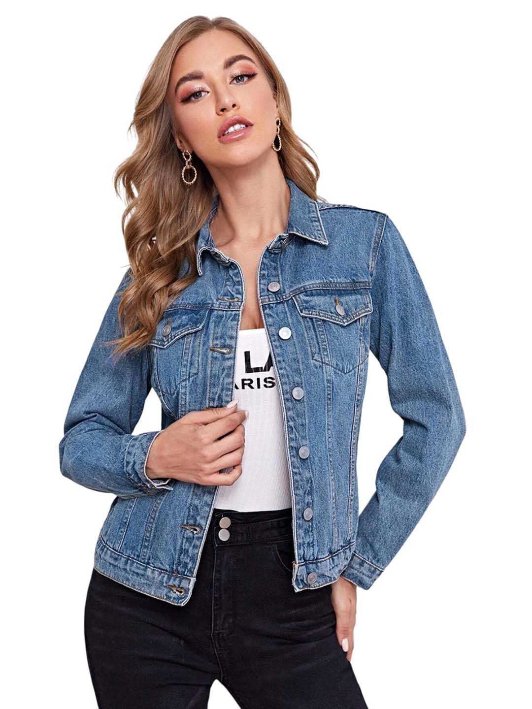 kotty Women's Solid Montreux Blue Long Sleeve Denim Jacket-picture-18