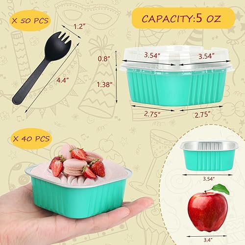 Vista 3 de LNYZQUS - Paquete de 40 moldes cuadrados para cupcakes con tapas de 5 onzas, moldes de papel de aluminio para mini pasteles, ramequines desechables