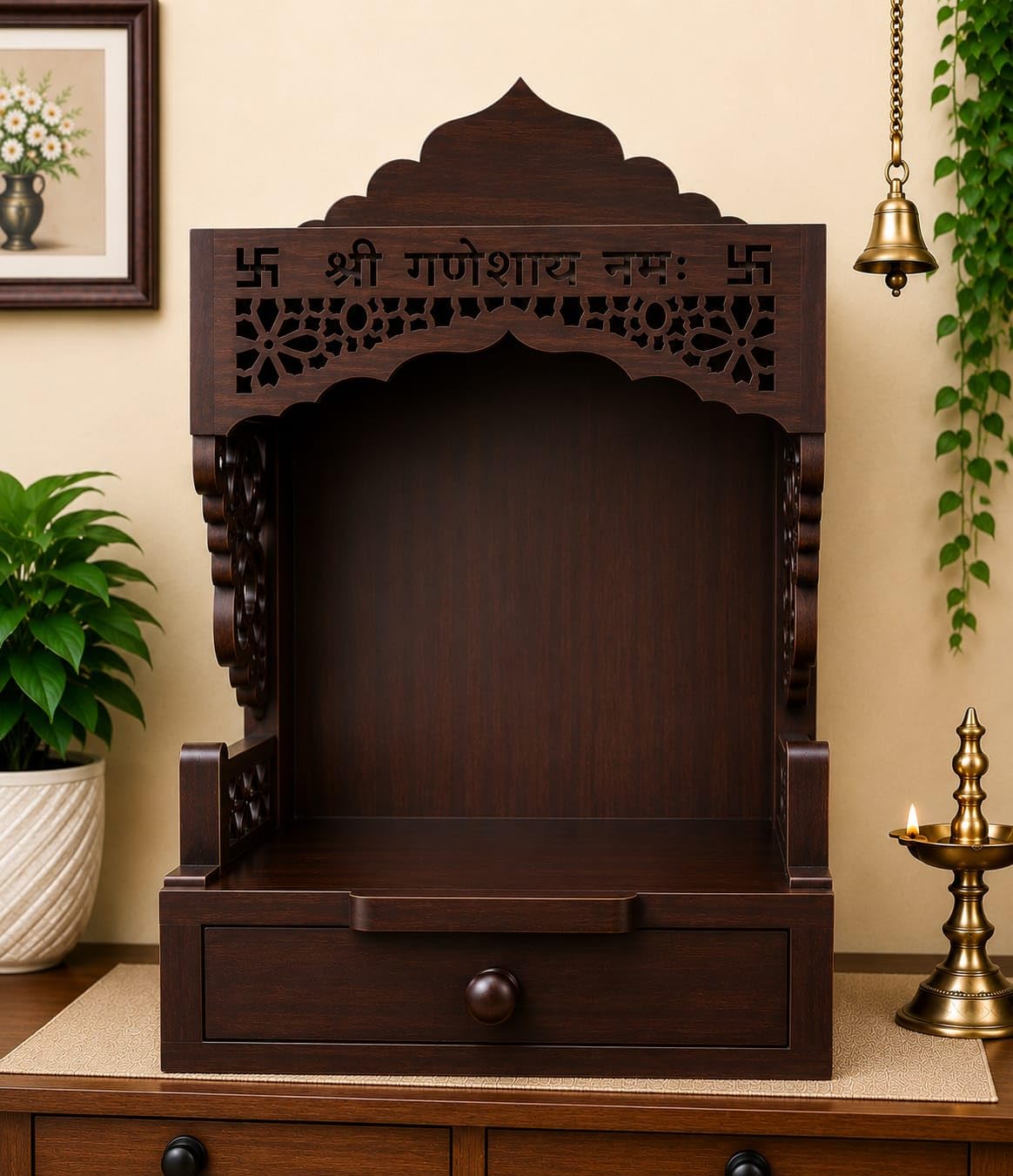 Wooden Pooja Mandir with Drawer, Shri Ganeshay Namah Carved Size 18x12 | Intricate Jali Work, Storage Drawer, Tabletop Temple, Traditional Design, Dark Walnut Finish-image-22