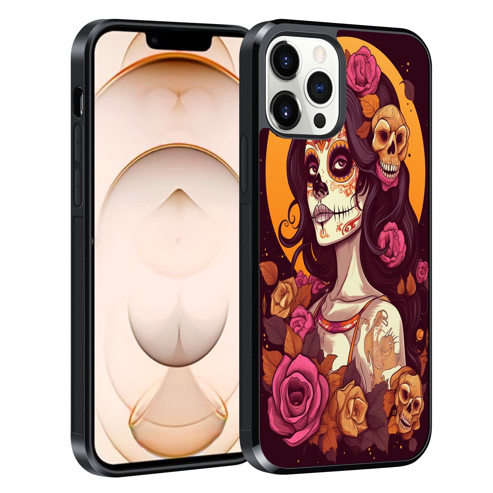 Xioolia Case Compatible with iPhone 13 Pro Max Sugar Skull Girl Designer-017 Pattern Black Rubber Full Body Protection Drop Protection Non-Slip Cover