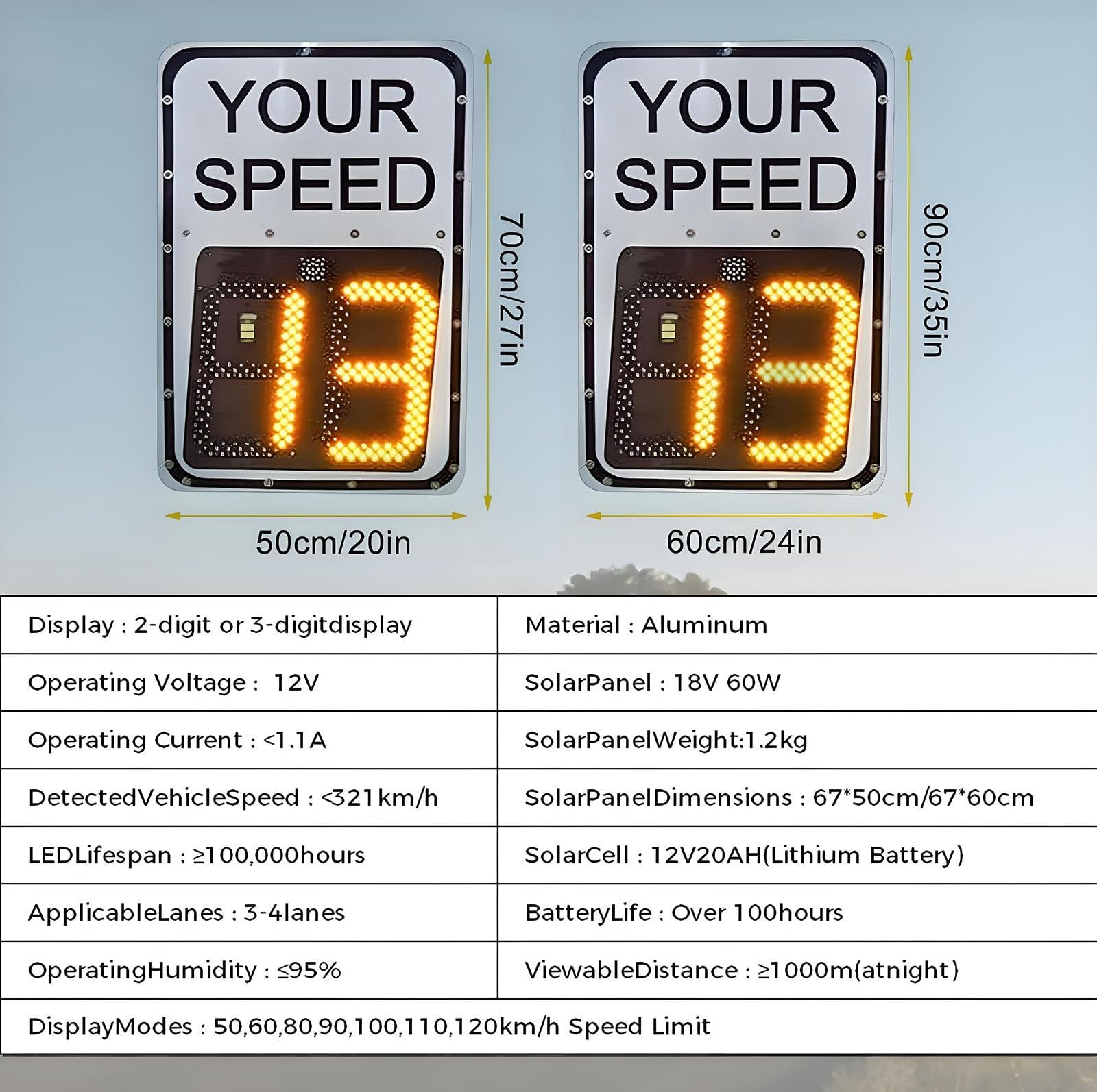Señal de límite de velocidad de radar con energía solar, señal LED de retroalimentación con accesorios, pantalla de 20 x 27 pulgadas, medición de velocidad de 2 dígitos, tablero de advertencia