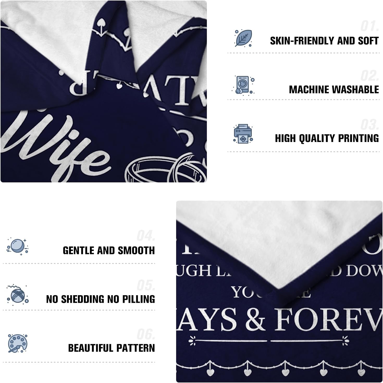 Wedding Anniversary Romantic Birthday Gifts for Wife Women from Husband, Wife Birthday Gift Ideas, Navy Blue Throw Blanket for Couch