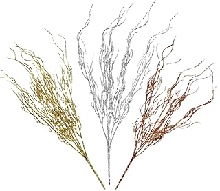 KRE Glittery Branches Artificial Coral Bouquets, 14 Inches with Bonus Rapsulur Wreath Wedding Table Centerpiece Tree Toppers Decorations Floral Arrangement Christmas Holiday Garland Material Pack of 3