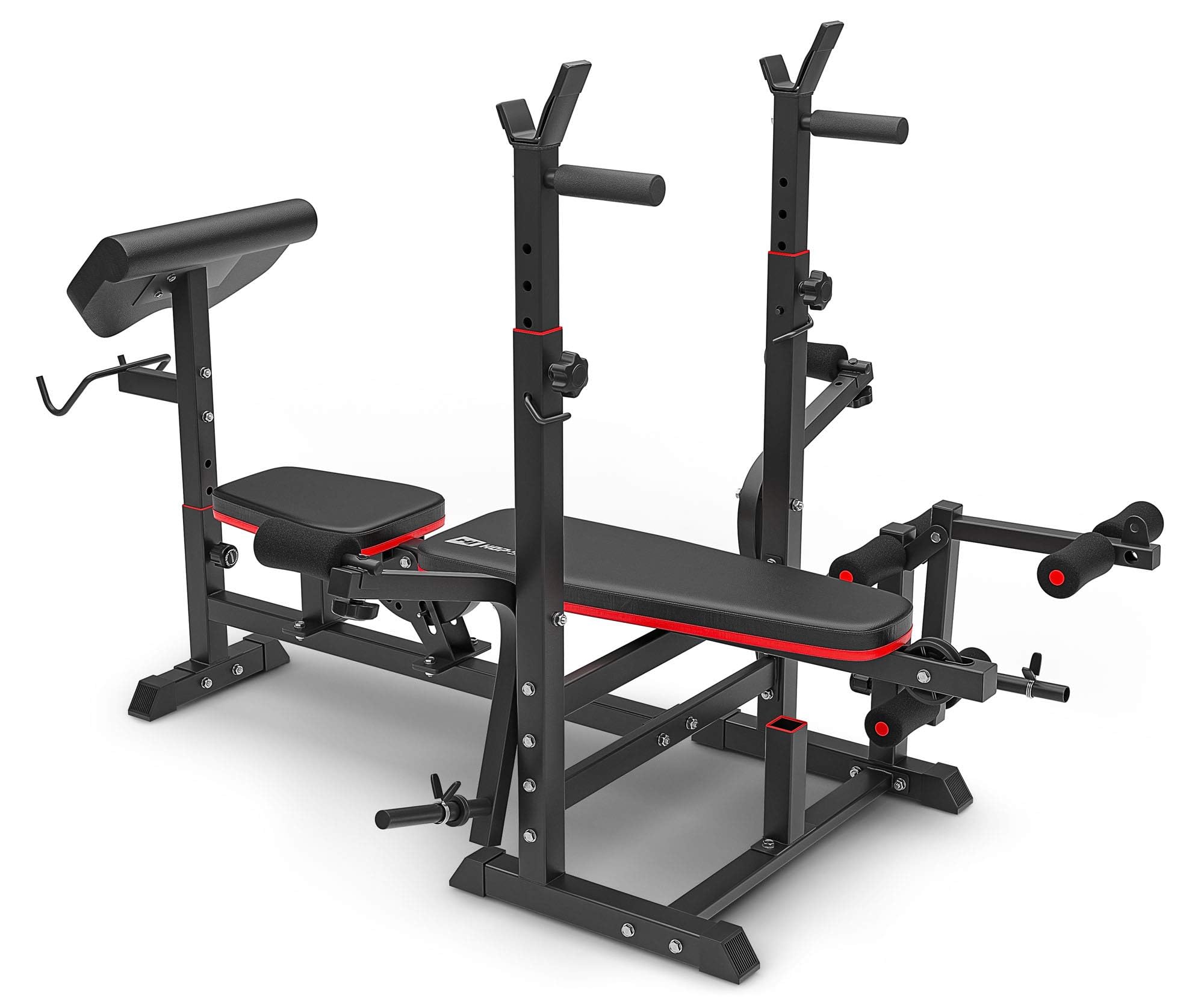 Hop-Sport Hantelbank, Multifunktionale Trainingsbank mit Butterfly, Beincurler & Curlpult, Verstellbare Langhantelständer, Heimfitness Kraftstation, 270 kg Belastbarkeit