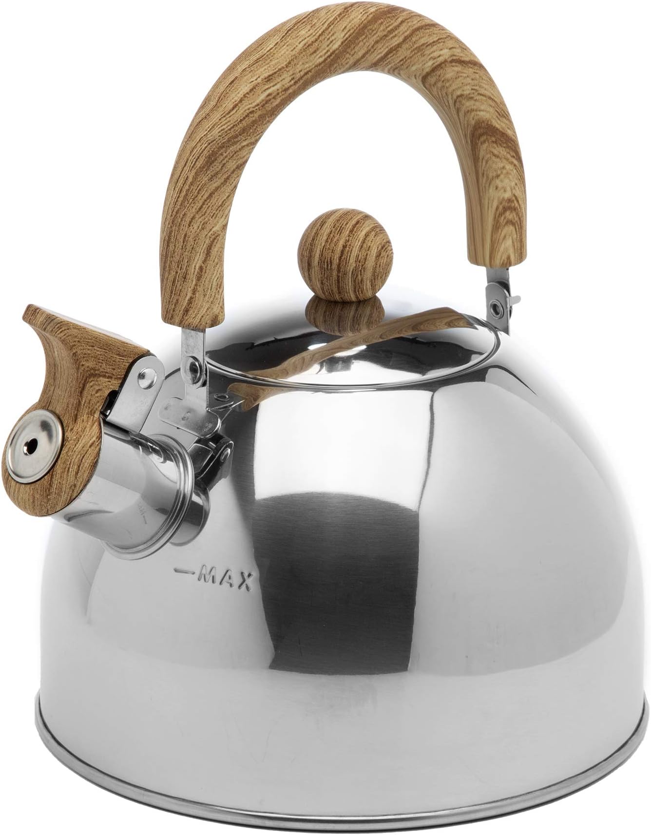 Primula Stewart Whistling Stovetop Tea Kettle Food Grade Stainless Steel, Hot Water Fast to Boil, Cool Touch Folding, 1.5-Quart, Polished Silver with Wood Handle