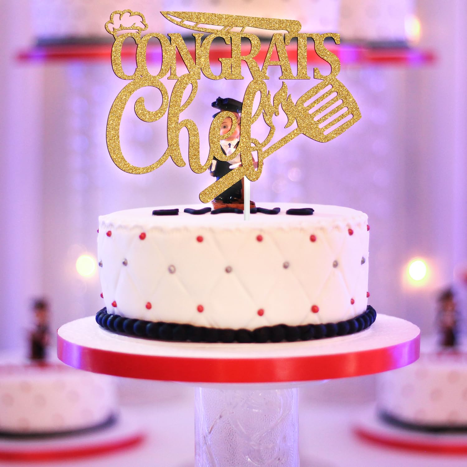 Congrats Chef Cake Topper - Gold Glitter Culinary School Graduation Decoration