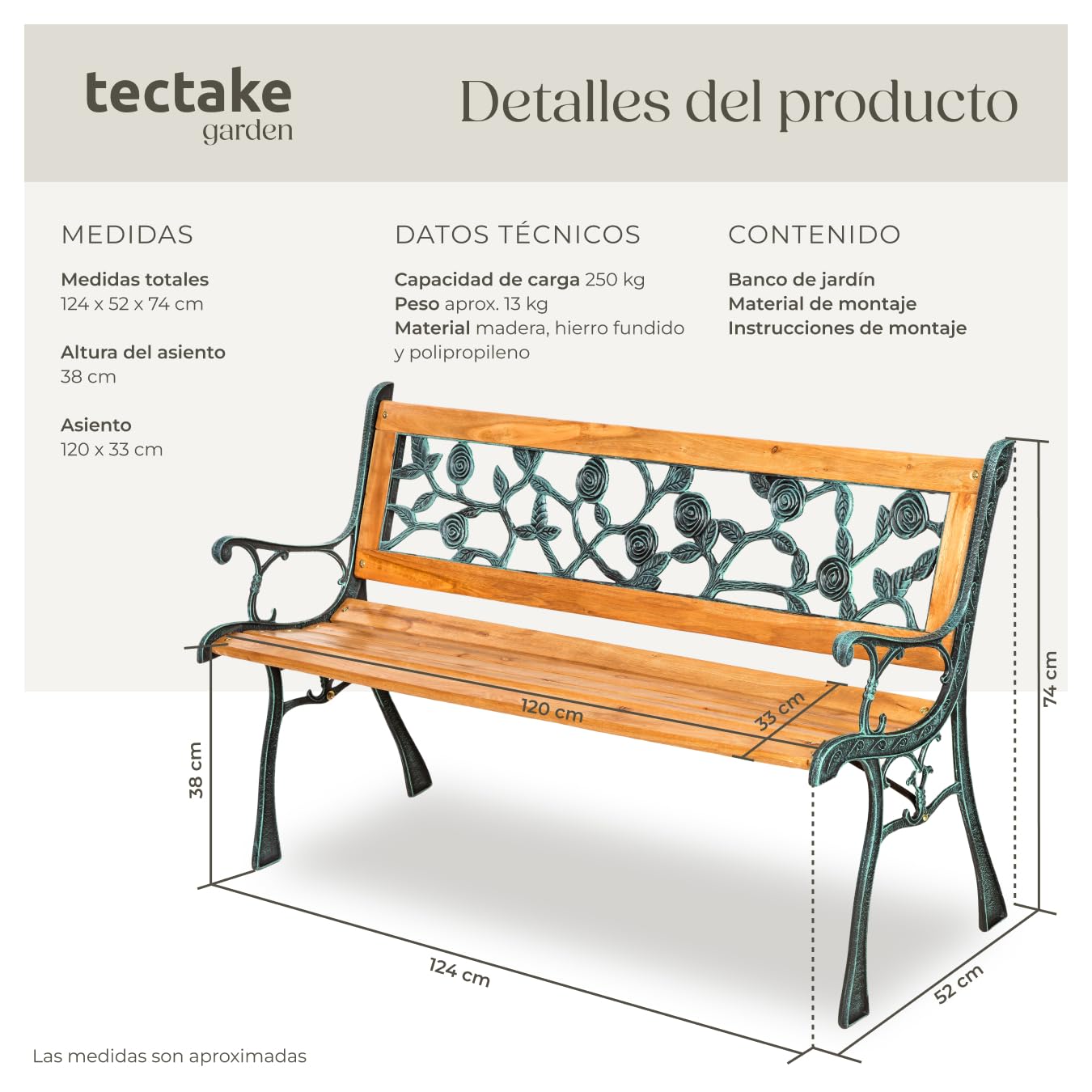 tectake® Banco de Jardín Exterior, Madera Lacada y Hierro Fundido, Diseño Elegante, Resistente y Estable, Patio y Terraza - Floral