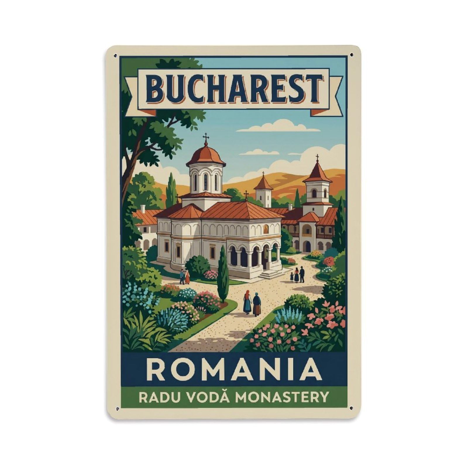 Vintage Travel Bucharest Radu Voda Monastery Clean Romania Metal Tin Sign Plaque Wall Decor for Cafe, Club Bar, Office, Home Garden Metal Poster 8x12Inch
