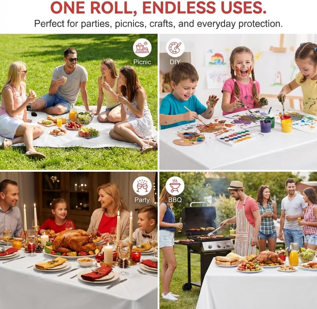Plastic Table Cover Roll, White Disposable Tablecloth 54IN X 300FT with Slide-Cutter Box for Rectangle and Round Tables, Waterproof PEVA Table Cloth Roll for Picnic, Party, Birthday, Wedding