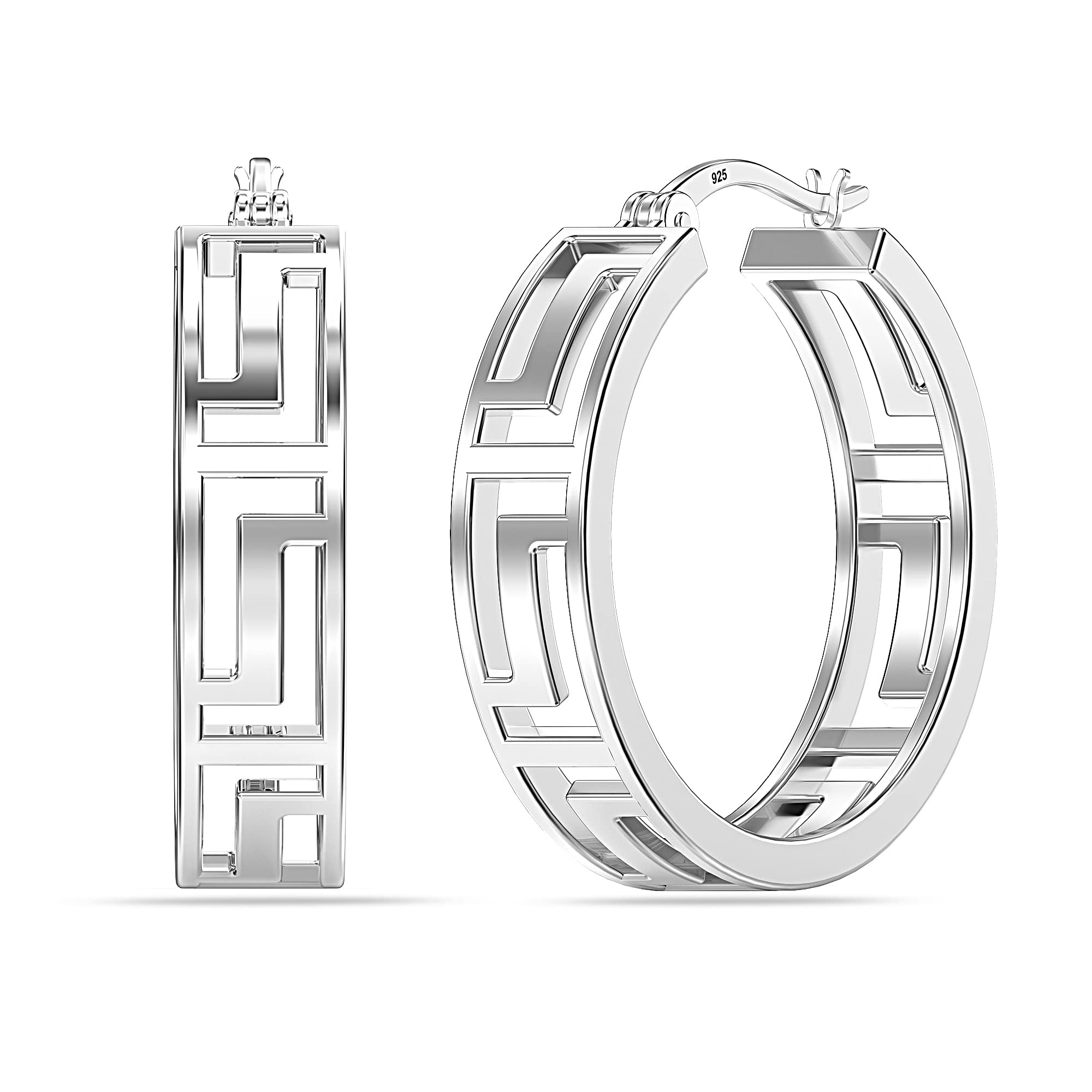 925 Sterling Silver Greek Key Hoop Earrings Lightweight Click-Top Greek Wall Cut-Out Pattern Earring Hoops for Women