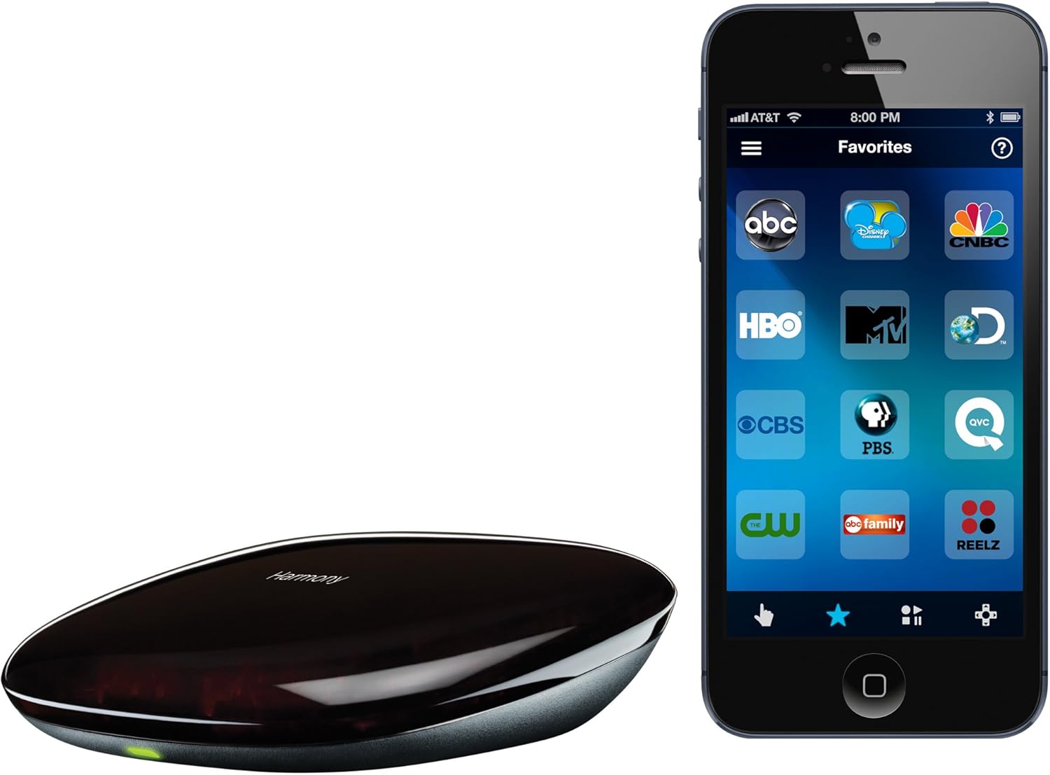 Logitech Harmony Hub next to a smartphone displaying the Harmony app