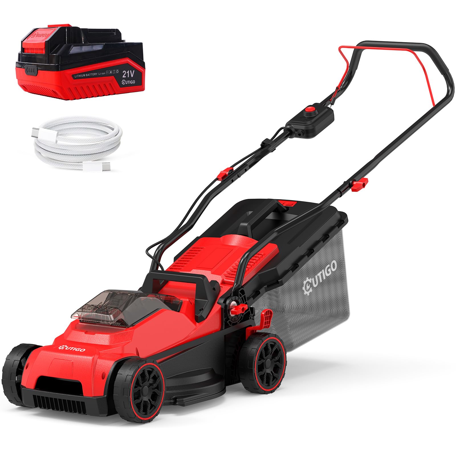 OUTIGO Cortacésped Eléctrico 21V, Batería 5.0Ah Incluida, 33 cm de Ancho de Trabajo, hasta 250 m², 32 L Bolsa recolectora, Altezza Regolabile 25-65 mm