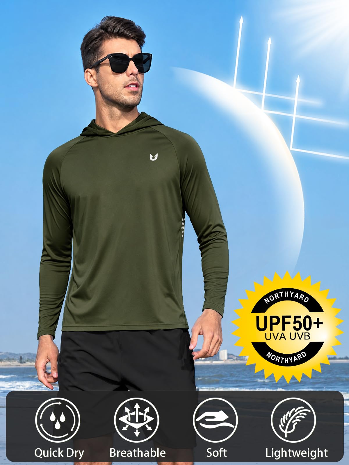 NORTHYARD Sudadera con Capucha UPF 50+ para Hombre, Camiseta de protección Solar de Manga Larga, protección Solar, protección UV, para Correr, Senderismo, Pesca, Verde Armada (Armygreen), Small