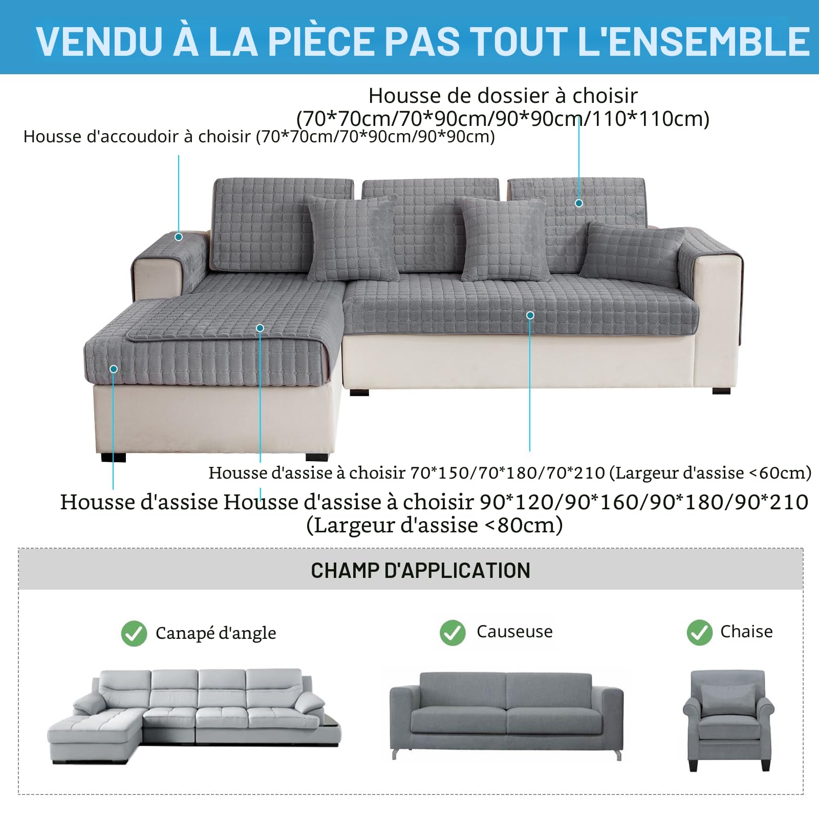 Housses de canapé en flanelle lavables antidérapantes 70x150cm Gris