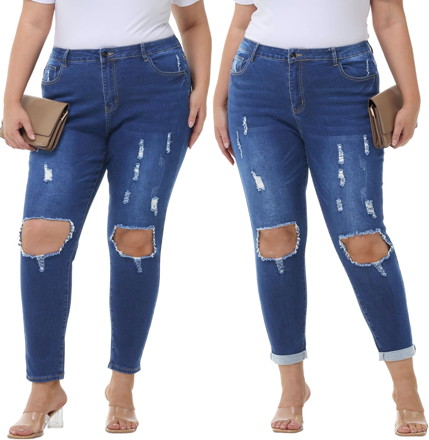 Tulucky Women's Plus Size Boyfriend Jeans Distressed Ripped Denim Pants Comfy Stretch Skinny Jeans