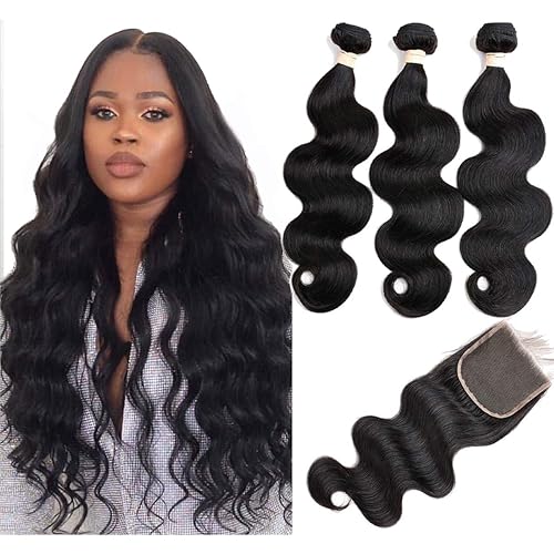 Brazilian Body Wave Virgin Human Hair Bundles with Lace Closure(14 16 18 with14 Closure) Human Hair Unprocessed Body Wave Hair Bundles with Closure 4X4 Lace Free Part Natural Black Hair