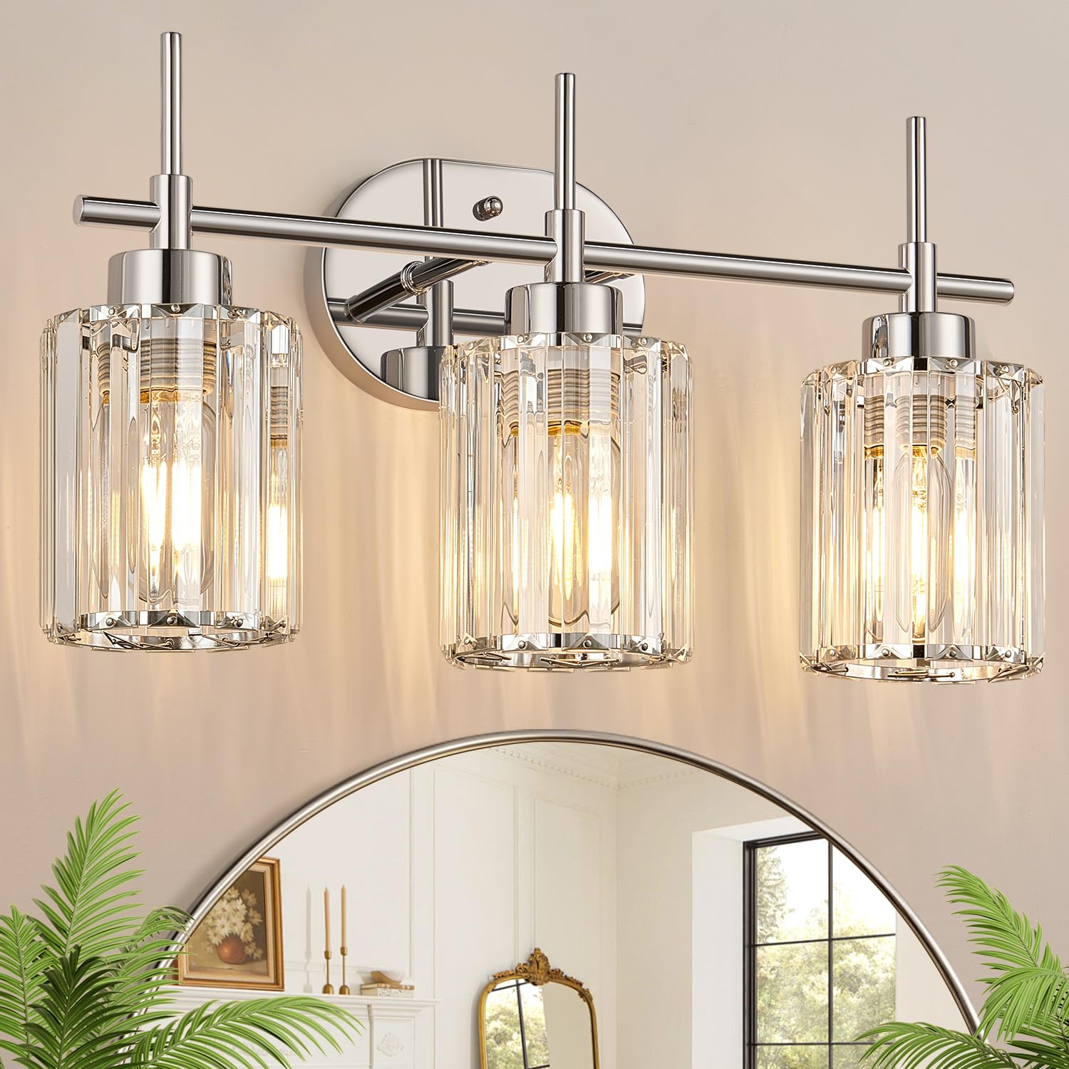 Photo 1 of Meybiok Modern Crystal Bathroom Vanity Light, 3-Light Chrome Vanity Light with Clear K9 Crystal Shades, Bathroom Light Fixtures Over Mirror (Bulbs Not Included)