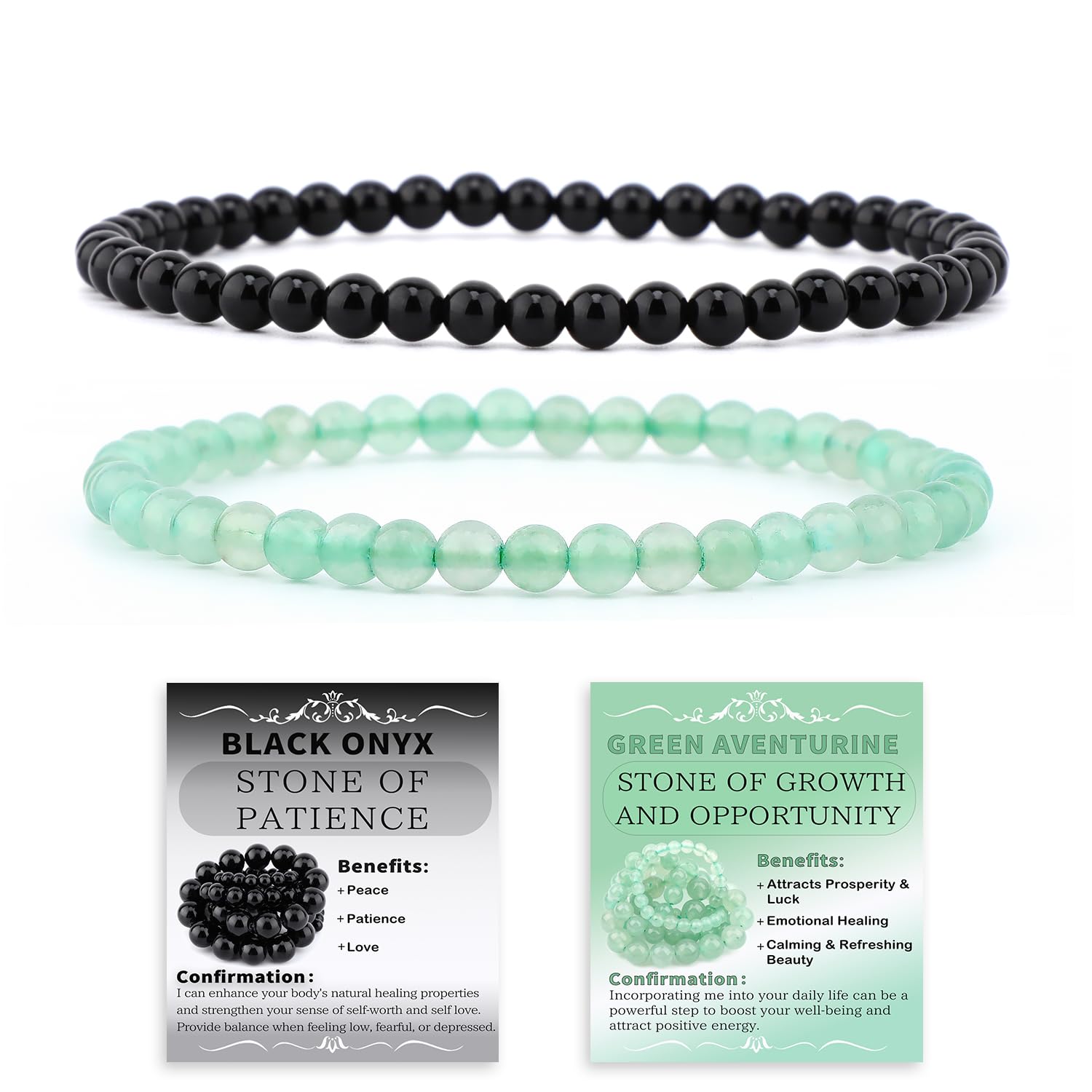 NCB Natural Crystal Gemstone Stretch Bracelets Black Onyx Green Aventurine 4mm Beads | Handmade Reiki Energy Healing Jewelry