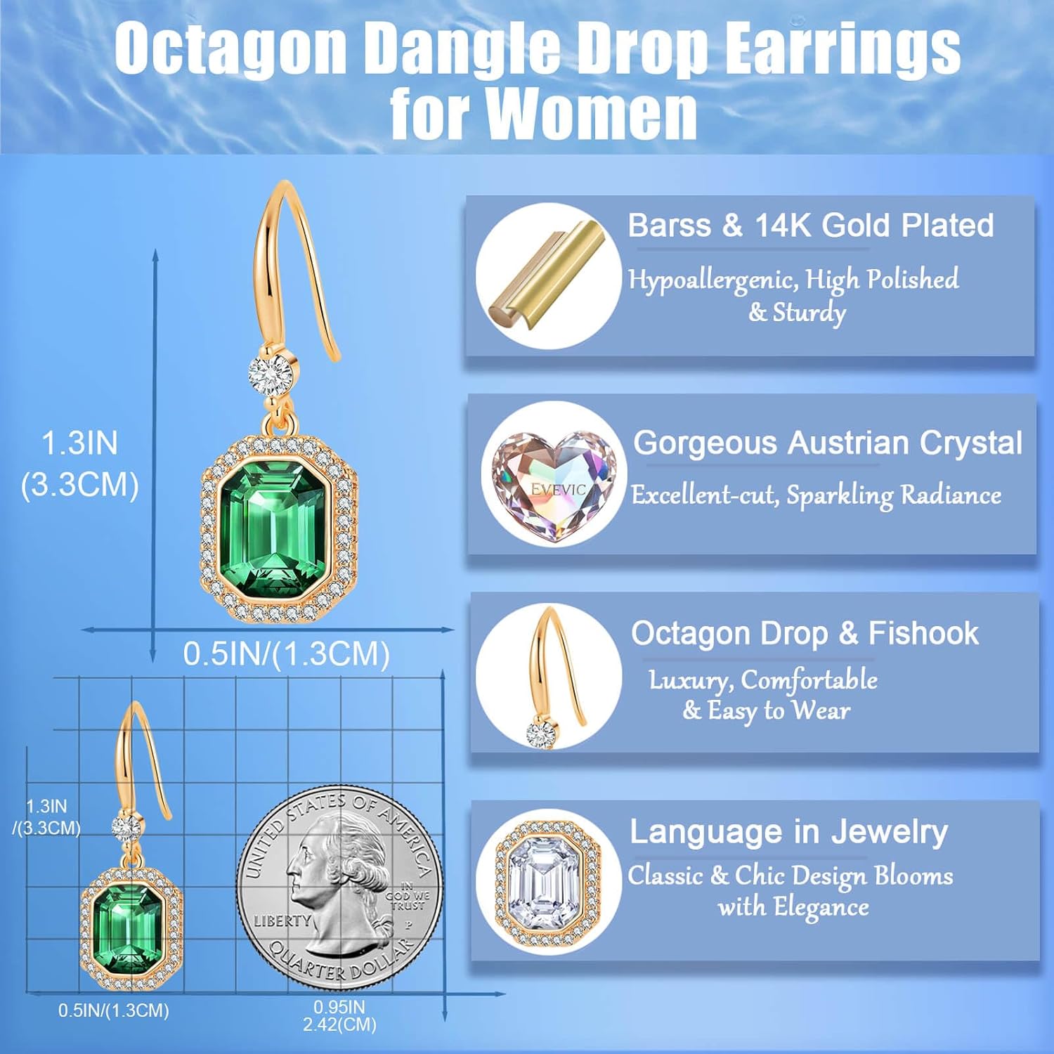 EVEVIC Austrian Crystal Halo Octagon Drop Dangle Earrings for Women 14K Rose Gold Plated Jewelry Gifts for Women - Image 4