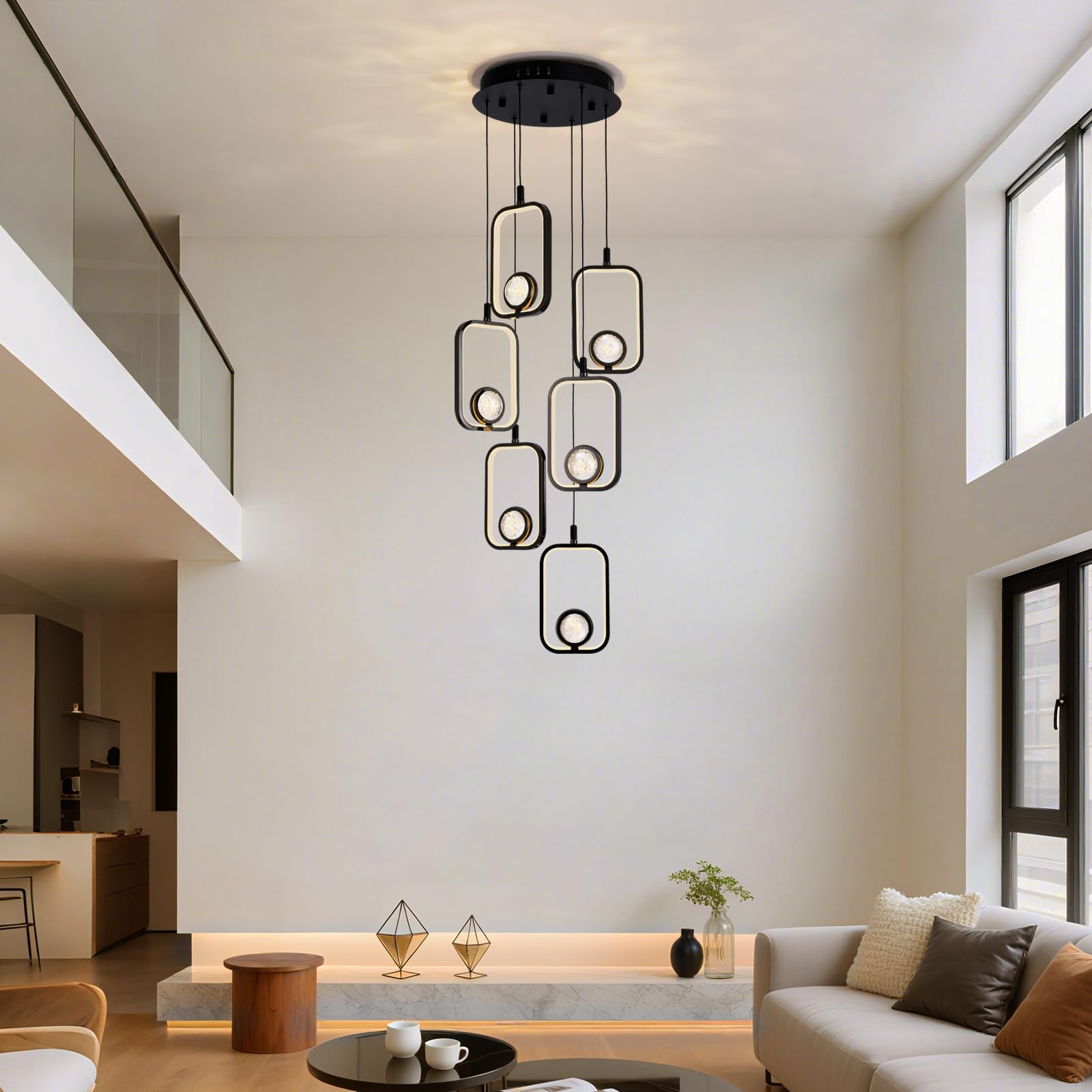 6Lights Modern LED Crystal Chandelier 6 Lights Black High Ceiling Chandelier for Staircase Large Adjustable Length Light Fixture for Foyer Entryway Living Room