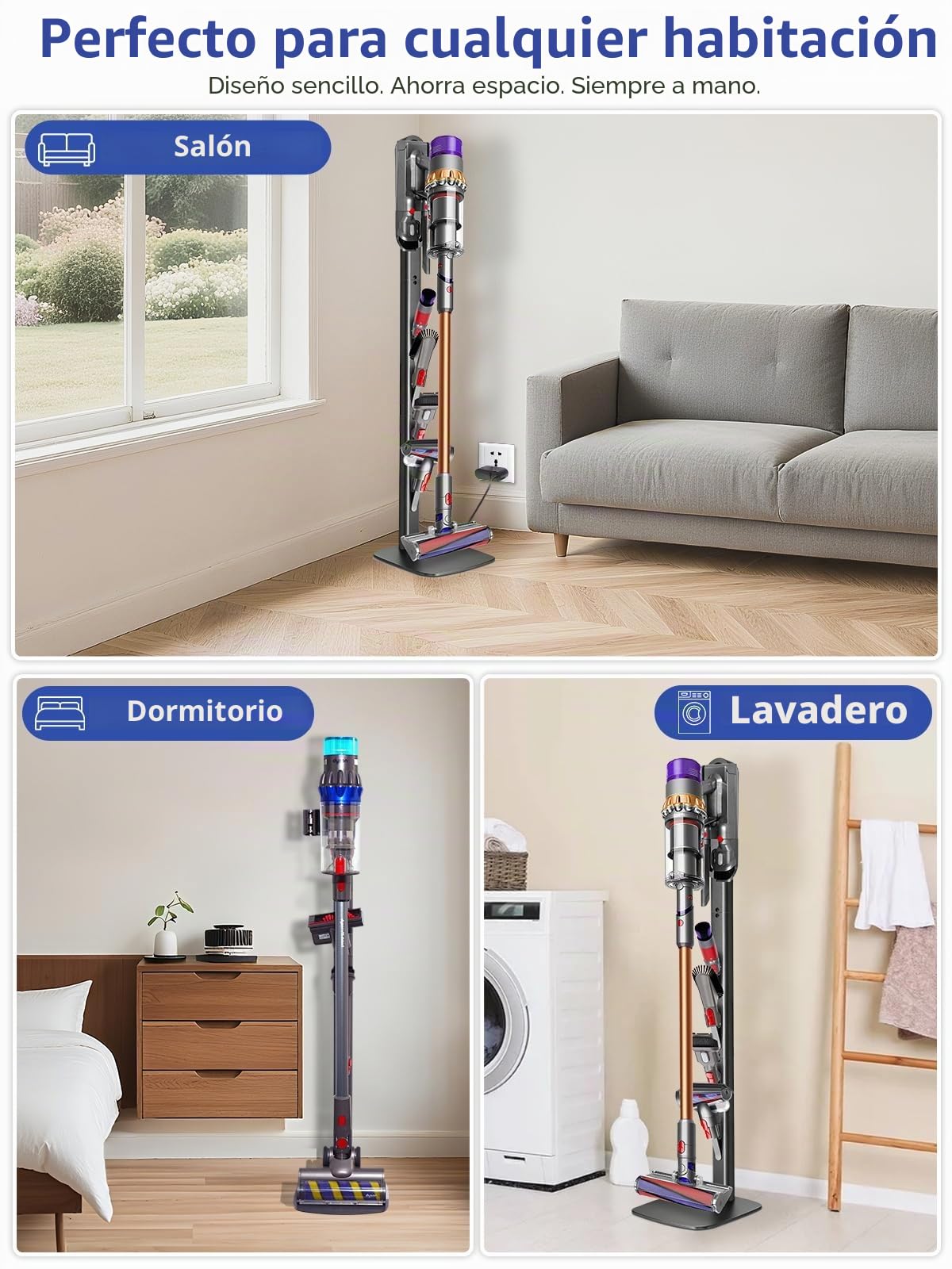 Soporte para aspiradora, compatible con Dyson Gen5, V15, V12, V11, V10, V8, V7, V6, soporte de suelo de metal con 4 ganchos, base estable, soporte sin taladros para almacenamiento de accesorios | Soporte de suelo de metal con 4 ganchos, sin taladrar, tamb