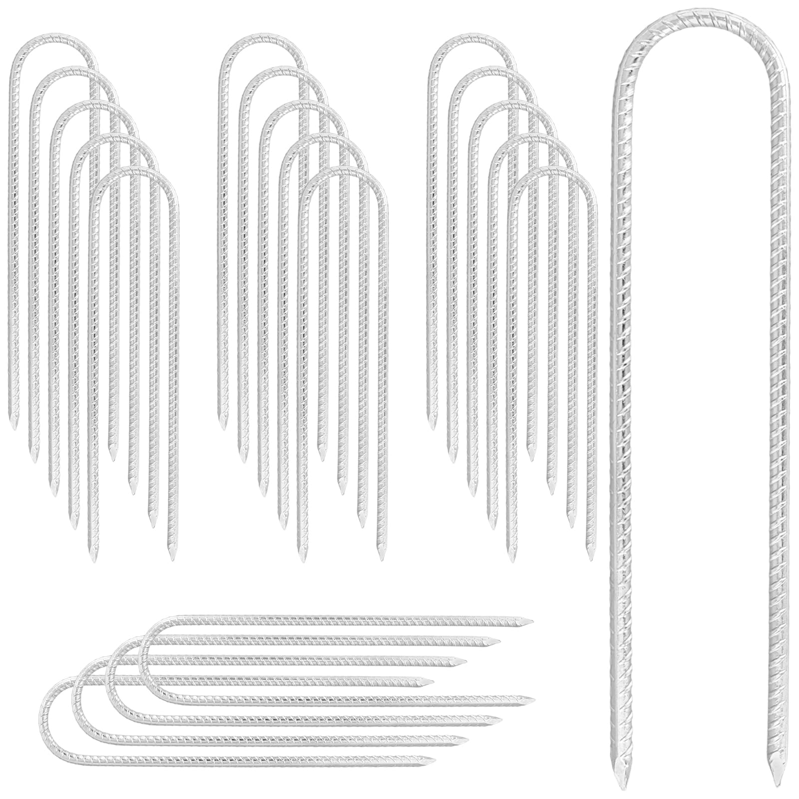 TAICHEUT 20 PCS 12 Inch U Shaped Rebar Stakes, Galvanized Steel Ground Rebar Stakes, Heavy Duty U Shaped Pegs for Garden Camping Tents Trampoline Swing Sets