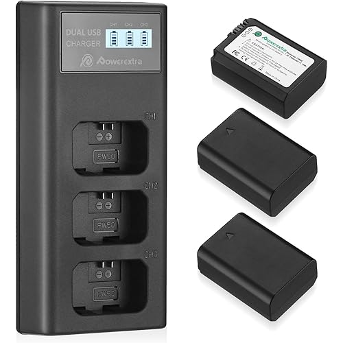 3-Pack NP-FW50 Battery and 3-Slot LCD Charger Compatible with Sony ZV-E10 A6000 A6500 A6300 A7 A7II A7SII A7S A7S2 A7R A7R2 A7RII A55 A510 RX10 RX10II Camera
