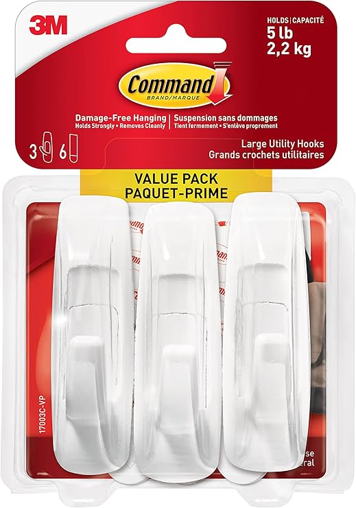 Command Large Hook Value Pack, 5 lb Capacity , 3 Hooks 6 Large Strips