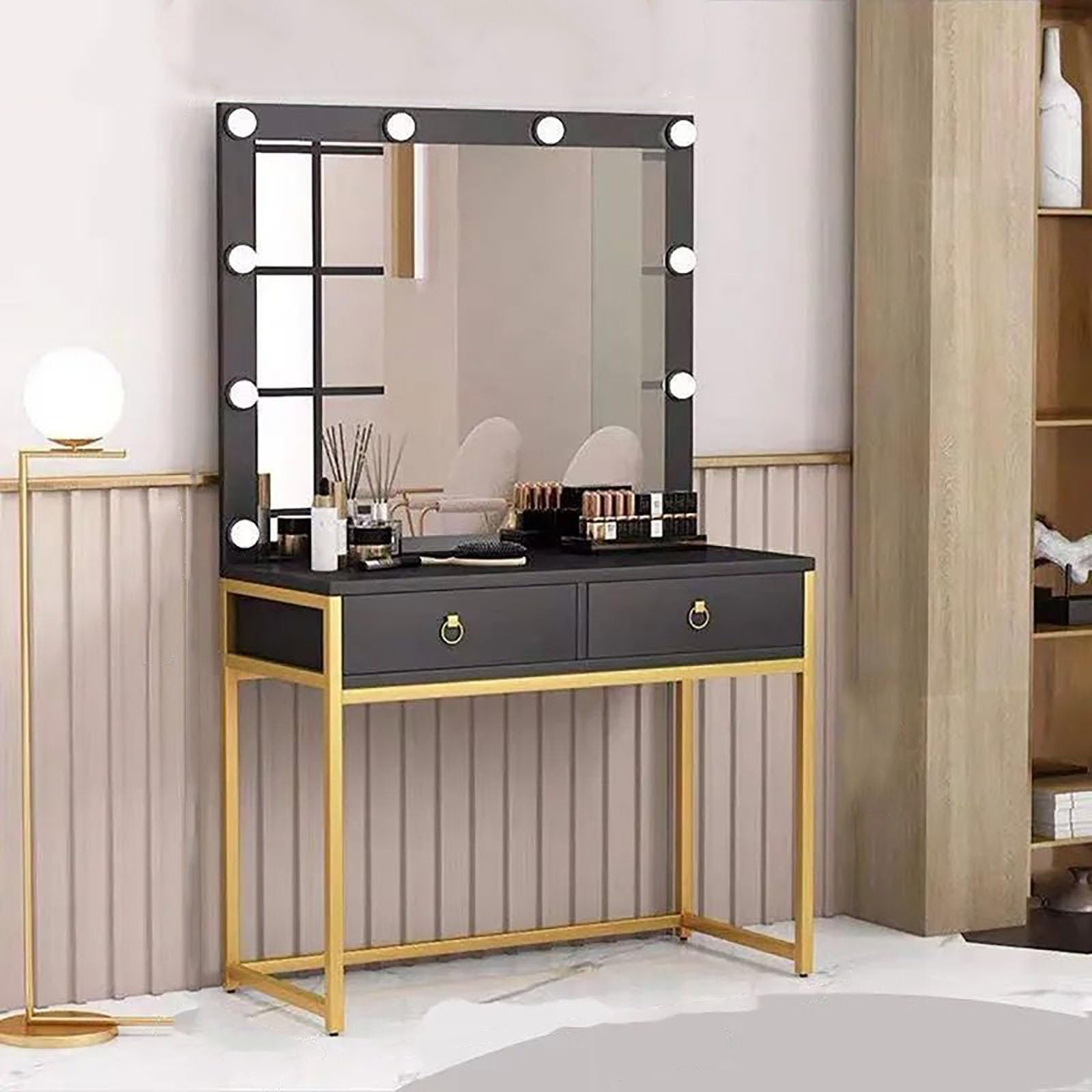 asdchZen Lighted Vanity Desk With Mirror, Black Makeup Dressing Table Set, Large Top Dresser With Bench & Free Organizer For Bedroom, 120Cm Stylish Cosmetic Station,Black Gold-120cm