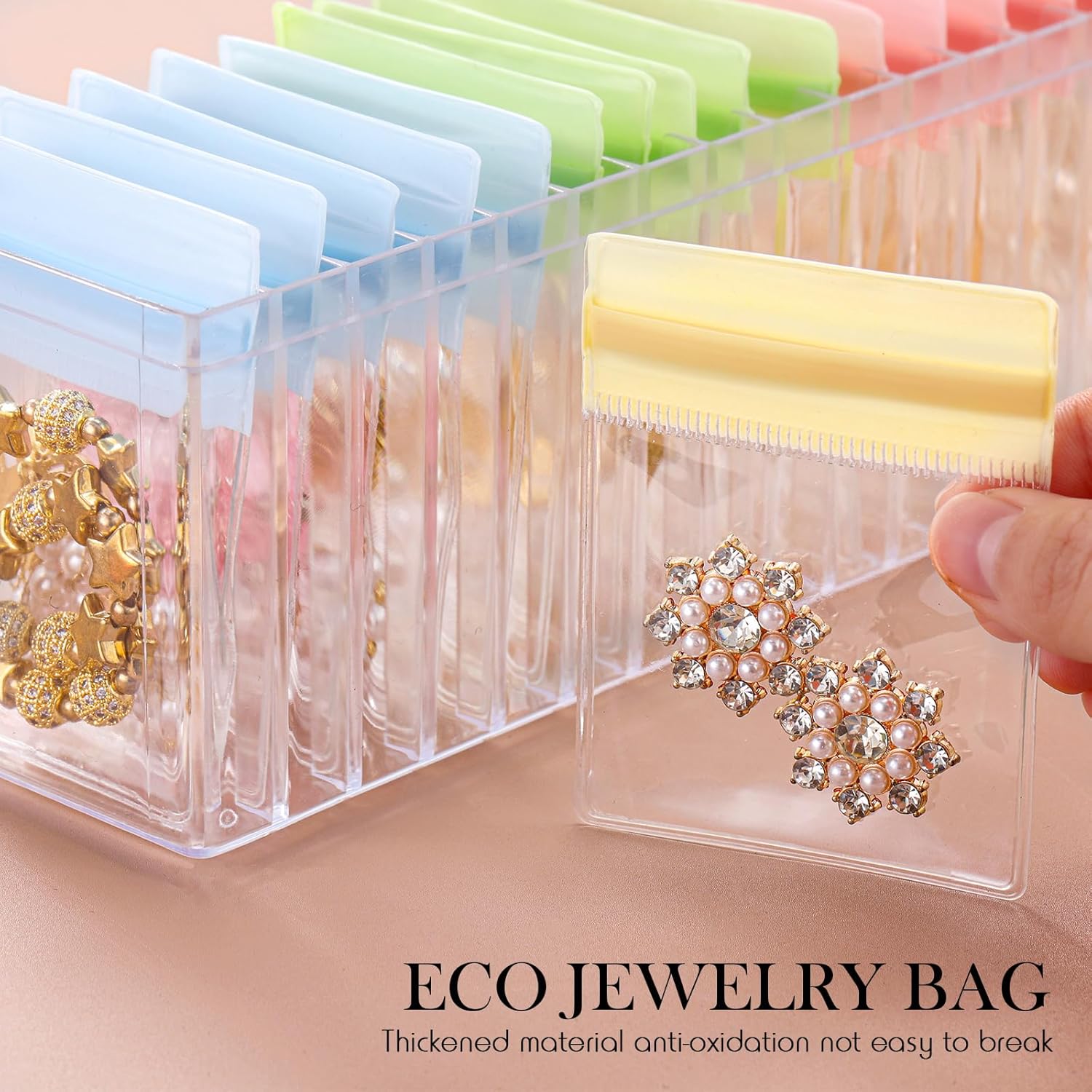Kenning 63 Pcs Acrylic Jewelry Case Organizer, Clear Jewelry Organizers Holder with Portable Anti Tarnish Storage Bags for Rings, Earrings, Necklaces, Ideal Gifts for Women (Four Color Mixture)