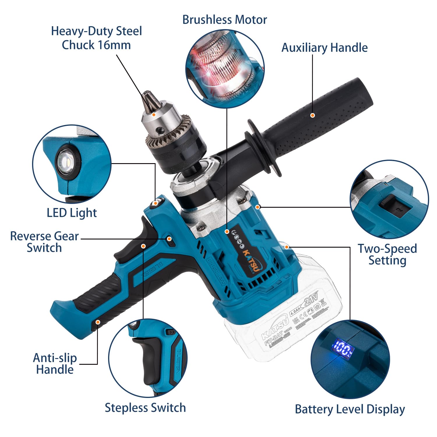 KATSU FIT-BAT - Taladro mezclador de mortero de cemento inalámbrico sin escobillas de 21 V, portabrocas de 16 mm, velocidad continua, cambio de 2 marchas, mezclador de yeso de pintura manual