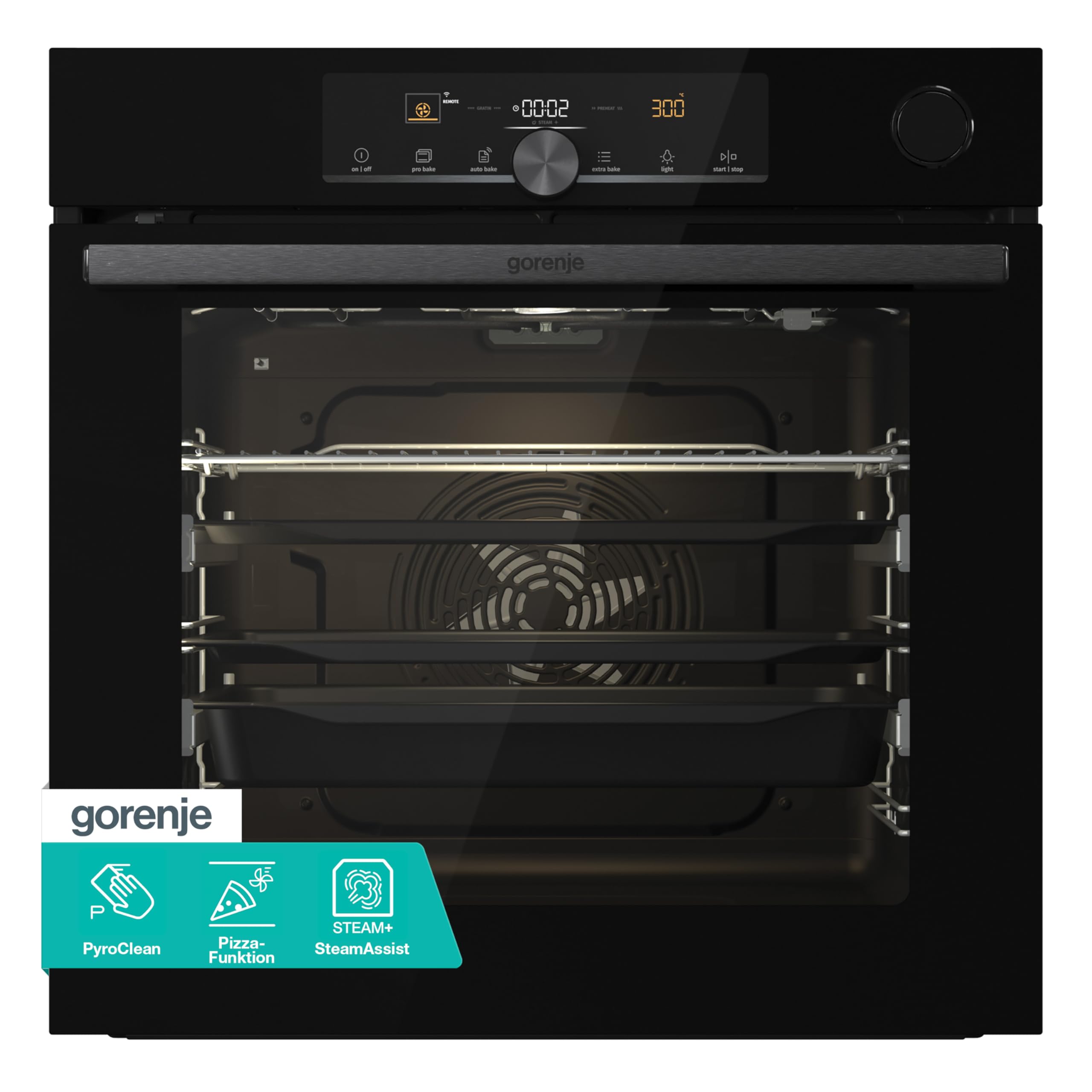 Gorenje OptiBake Advanced BPSA 6747 A08BGWI Einbau-Backofen/Wifi Connected / 77L / Heißluft/Pyrolyse/AutoBake/Touch Bedienung/Bratenthermometer/SteamAssist/PizzaMode 300°C/schwarz