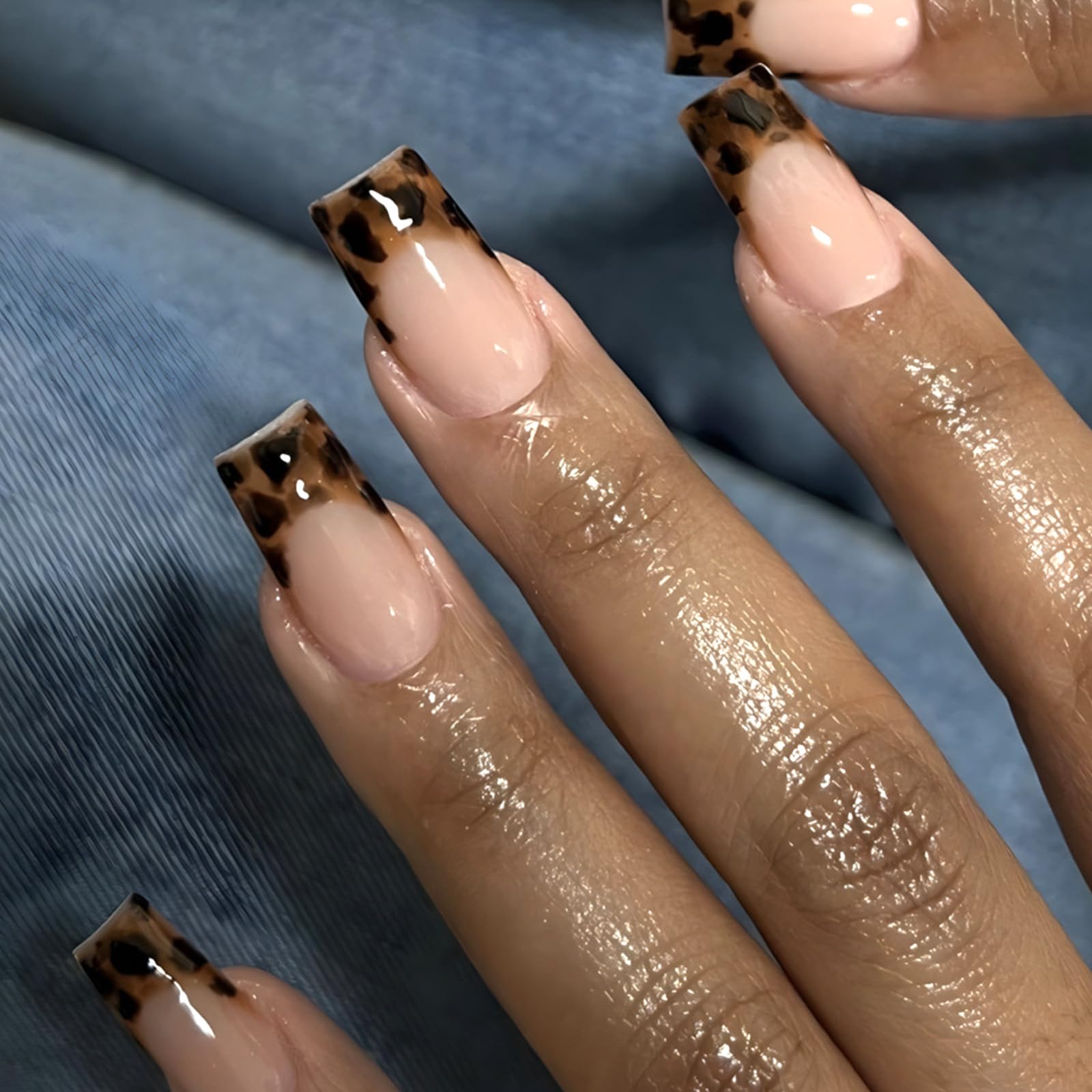 French Tip Press on Nails Medium Square Fake Nails with Leopard Print Designs Glossy Full Cover Nude Glue on Nails Cheetah Nails Acrylic Stick on