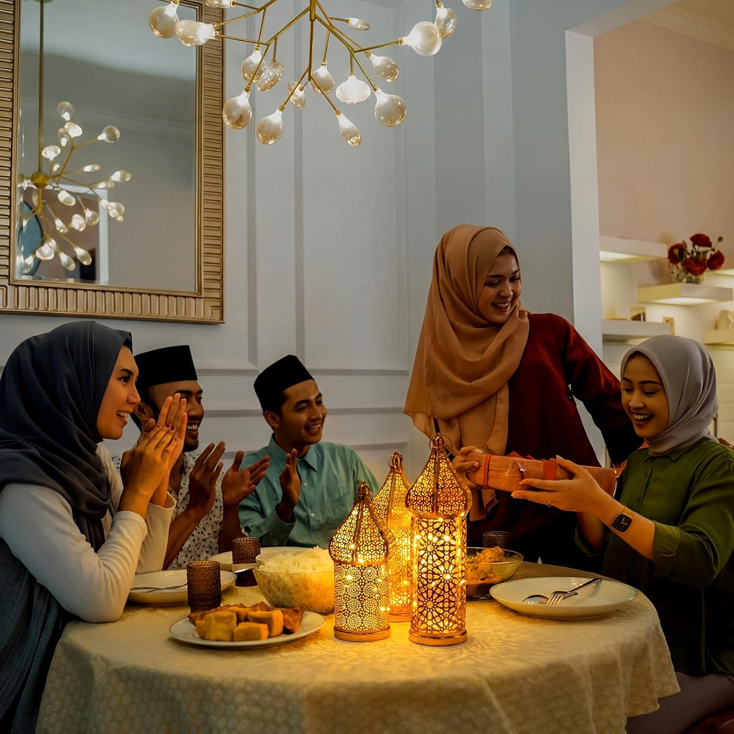 Set of 3 Ramadan Lanterns Eid Decorations 14" 13" 11" LED Large Candle Gold Lantern Metal Moroccan Lanterns with Lights Ramadan Decor for Table, Wall, Patio, Porch, Indoor Outdoor
