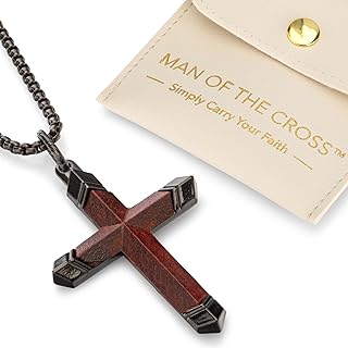 WOODEN CROSS Necklace for Men – Real Ebony Wood & Black Stainless Steel Crucifix Pendant – Modern Christian Holy Land Religious Gift with Premium Pouch
