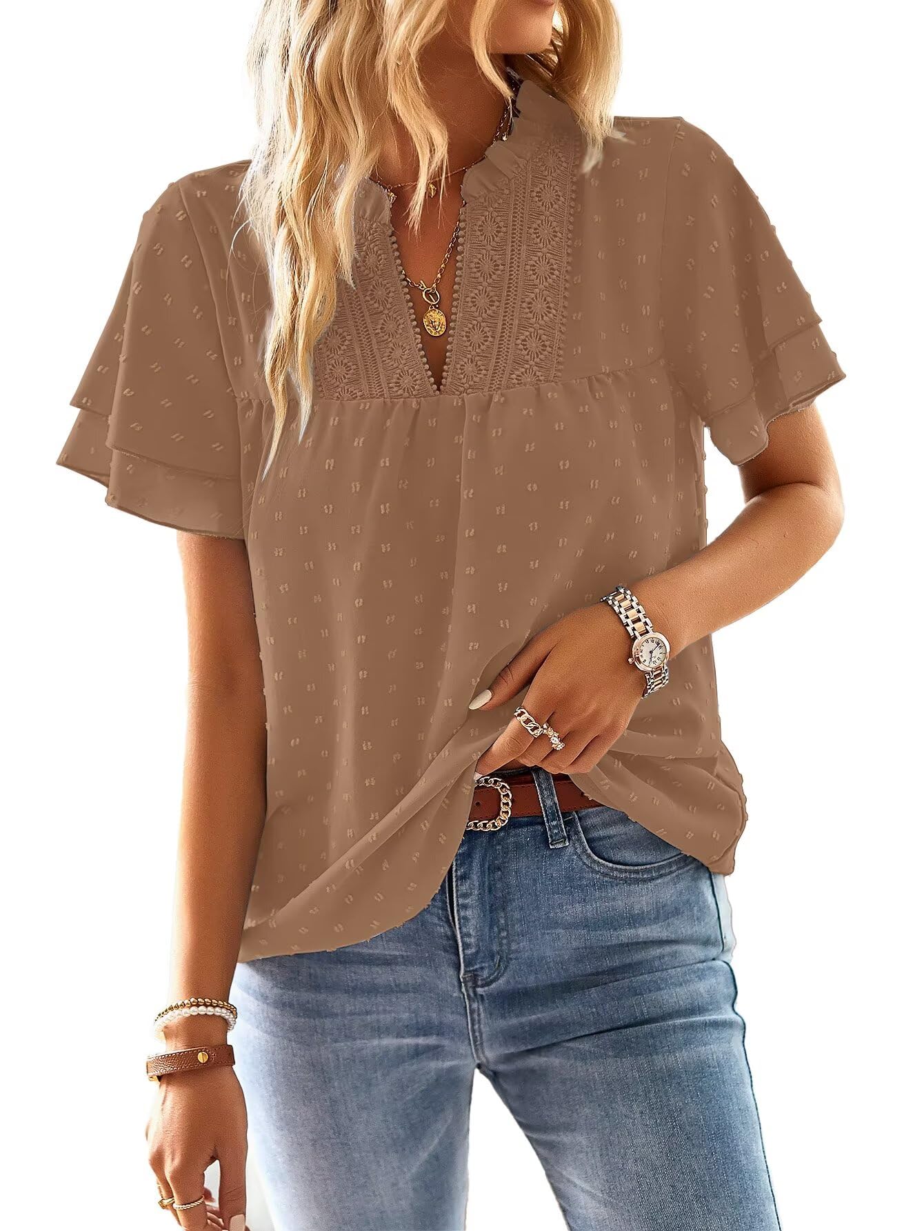 TUUHAW Top Damen Sommer Boho Bluse Kurzarm Oberteile Fließend Elegant V-Ausschnitt T Shirt Lässig Outfits Spitze Kleidung
