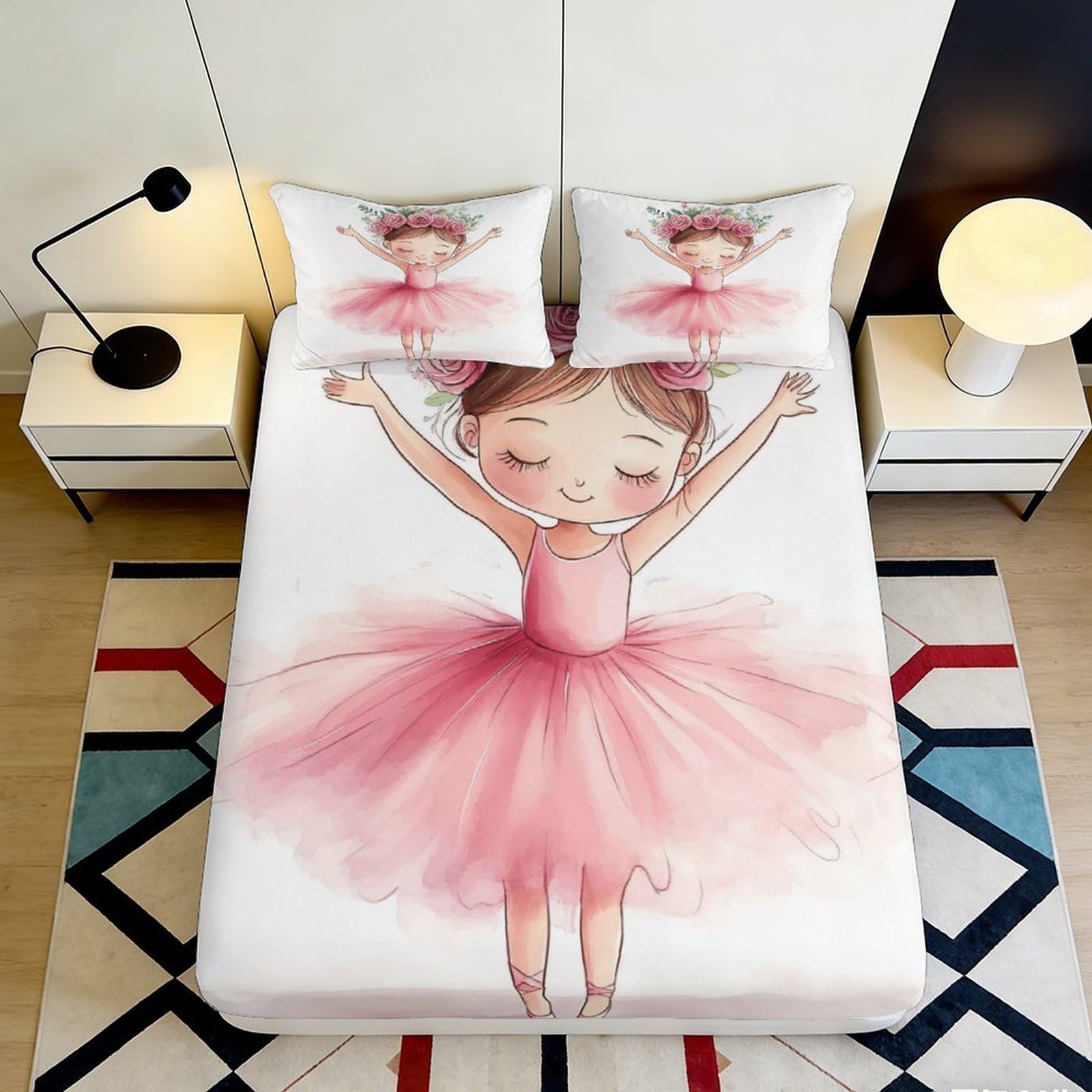 3D Printed Pink Ballerina Fitted Sheet Microfiber Soft Breathable Ballet Girl Mattress Cover for Bedroom Dorm Decor 160x200x25cm